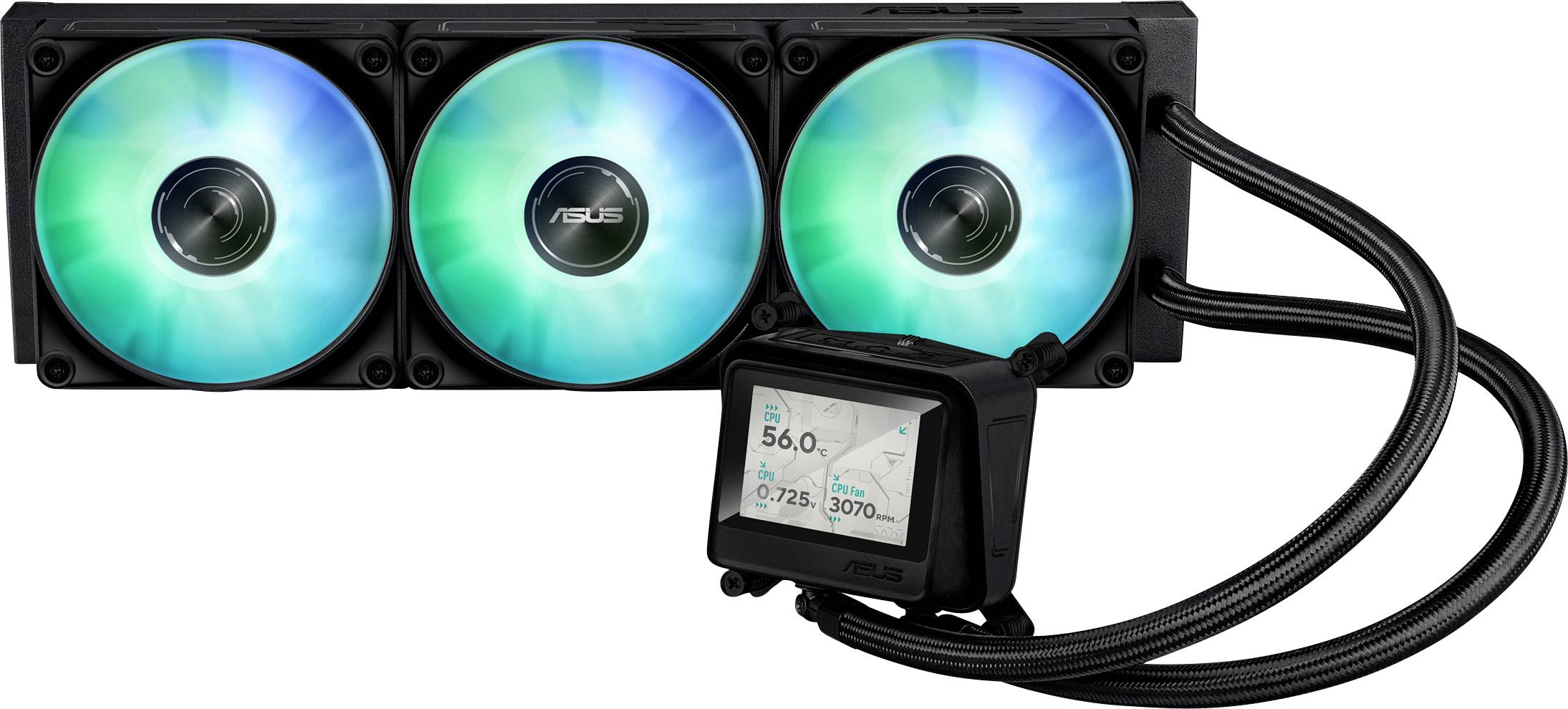 Ein Flüssigkühlsystem für Computer mit drei leuchtenden Lüftern und einem Display, das die Temperatur mit '56,0 °C', die Pumpendrehzahl mit '2725 U/min' und die Lüfterdrehzahl mit '1300 U/min' anzeigt.