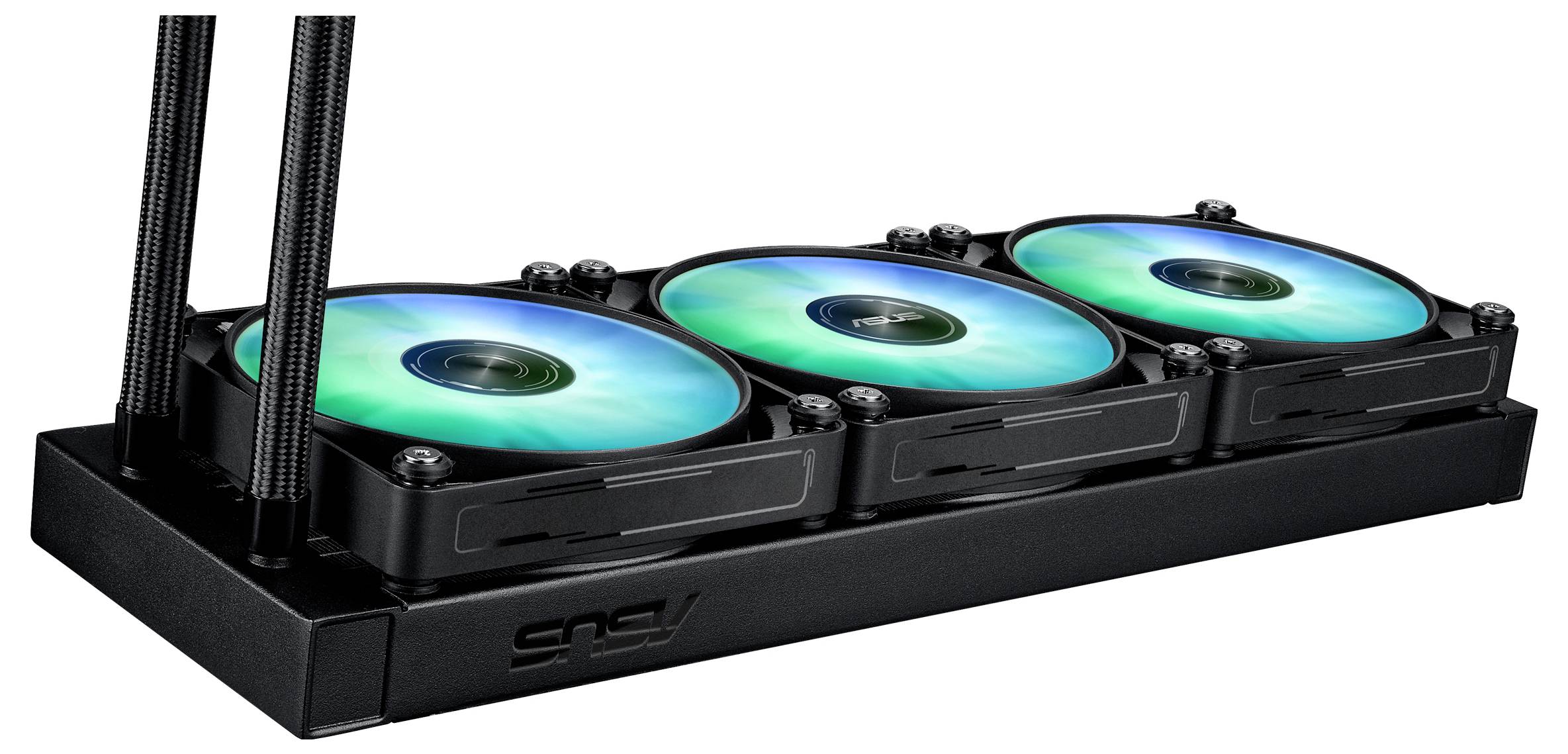 Ein schwarzes Computerkühsystem mit drei RGB-beleuchteten Lüftern, verbunden durch geflochtene Schläuche, entwickelt für verbesserte Luftzirkulation.