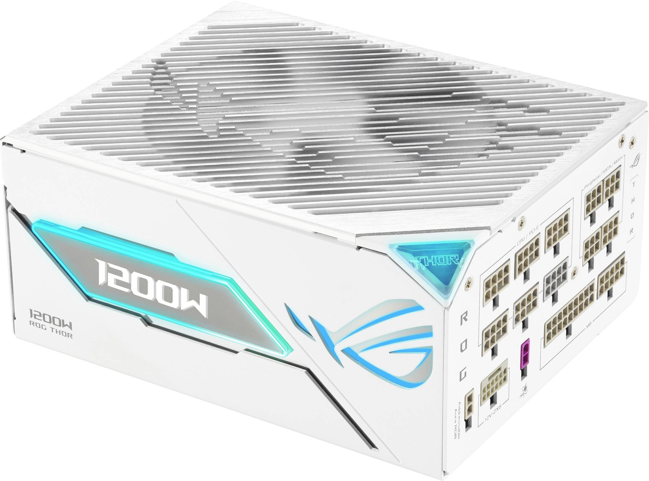 Eine weiße Computernetzteil mit der Aufschrift '1200W' an der Seite, ausgestattet mit mehreren Anschlüssen und leuchtenden Akzentbeleuchtungen.