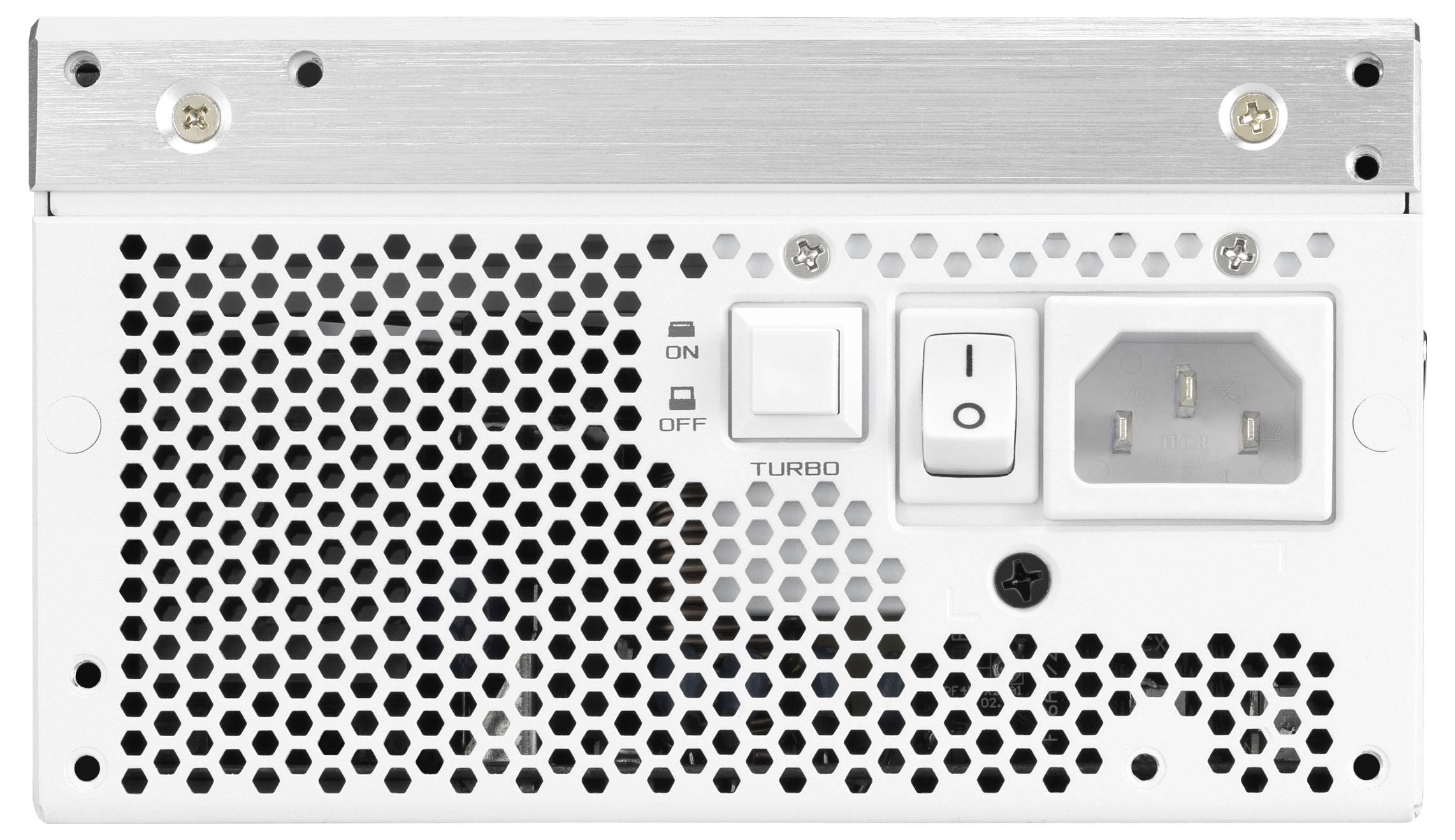 Ein Computernetzteile-Rückpanel mit einem Netzschalter, Turbo-Taste und Steckdose, umgeben von einem perforierten Metallgitter.