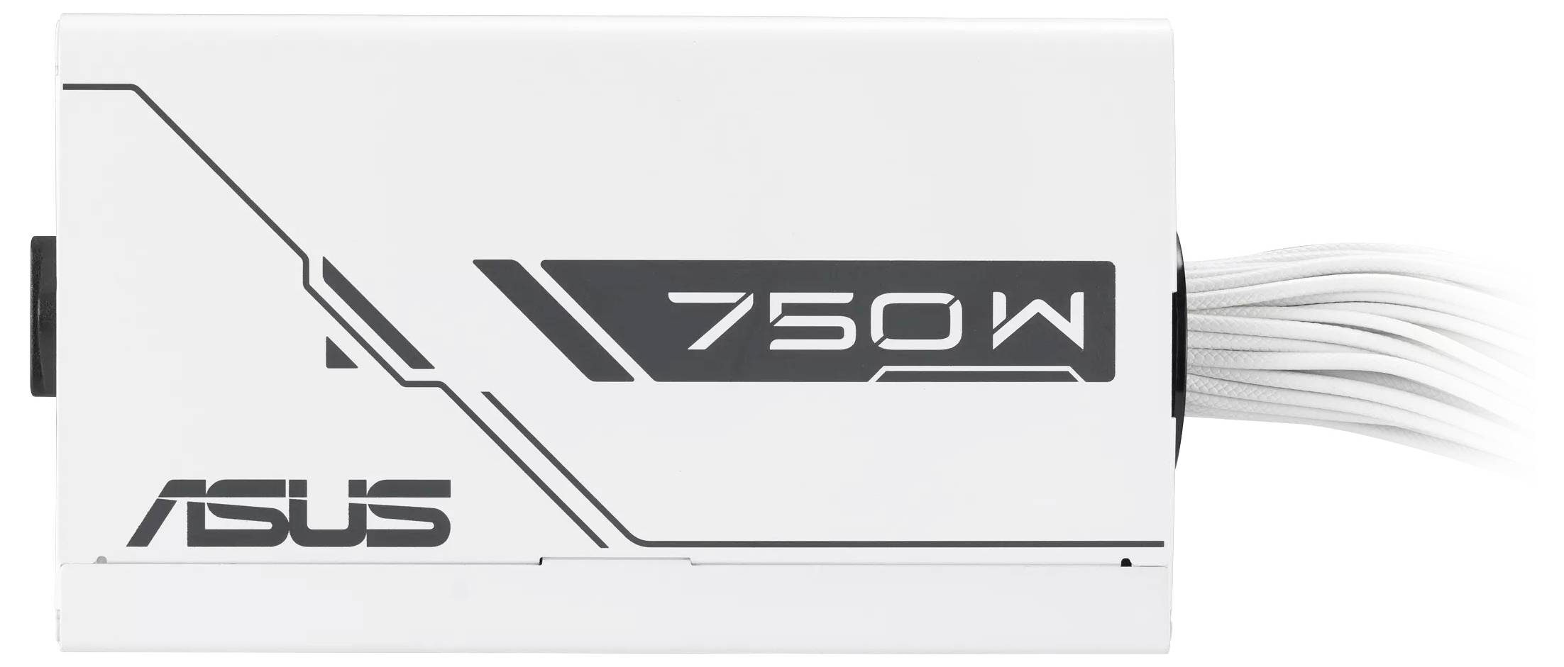 Weiße ASUS 750W Netzteil mit minimalistischem Design und sichtbaren Kabeln. Ideal für Computerkonfigurationen, die diese Wattzahl benötigen.