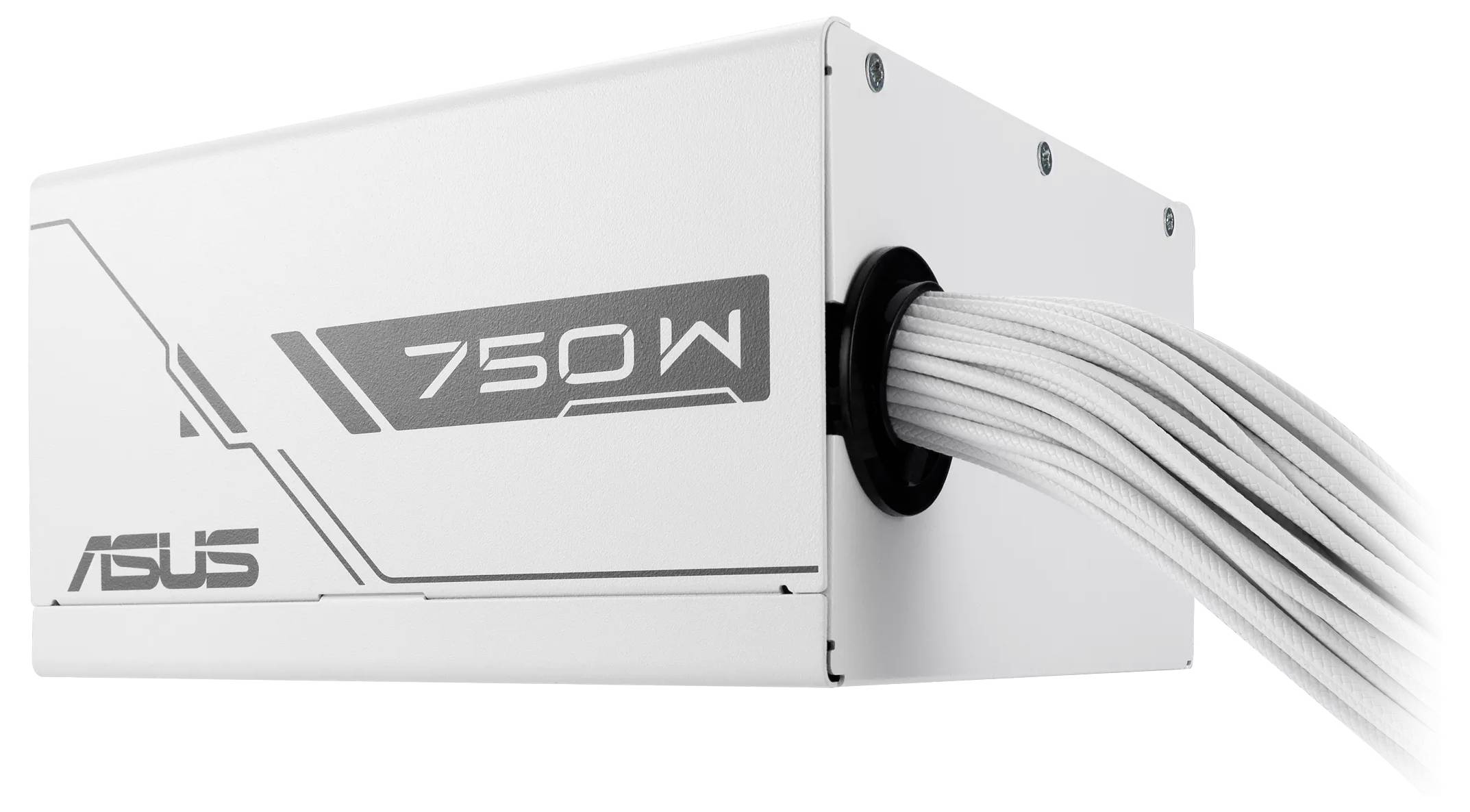 Weißes ASUS 750-Watt-Netzteil mit mehreren weißen Kabeln, die seitlich herausragen.