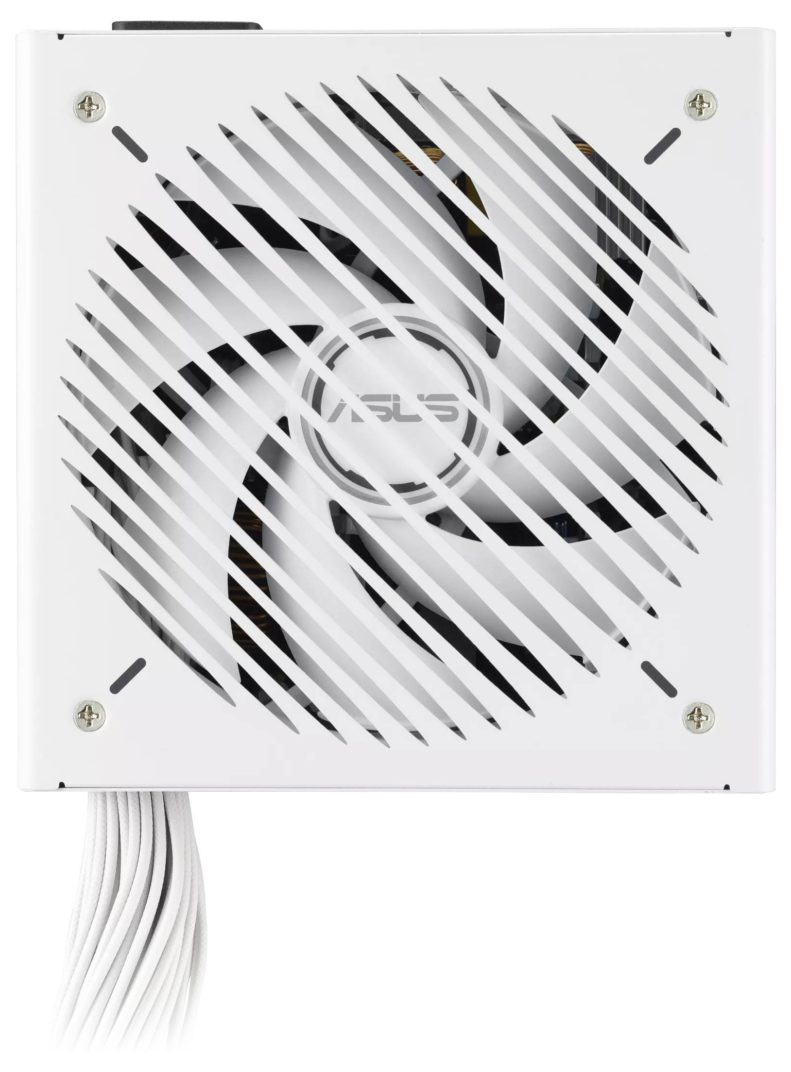 Weiße Computer-Netzteil mit einem großen Lüfter und einem Kabelpaket, entwickelt zur Stromversorgung von PC-Komponenten.