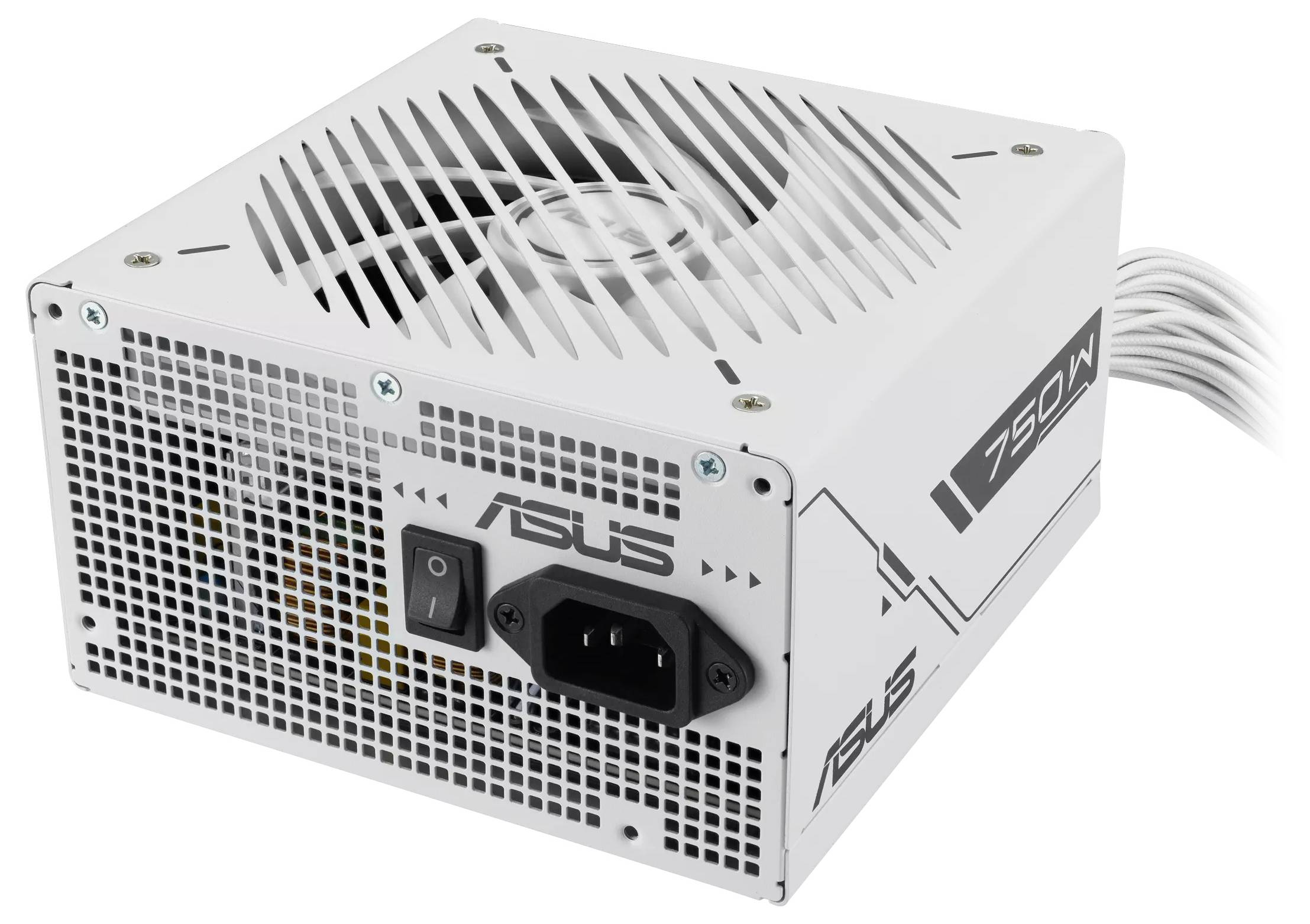 Eine weiße Asus 750W Netzteileinheit mit einem Lüfter und Netzschalter, die Lüftungsgitter und Anschlussports an ihrer Seite zeigt.