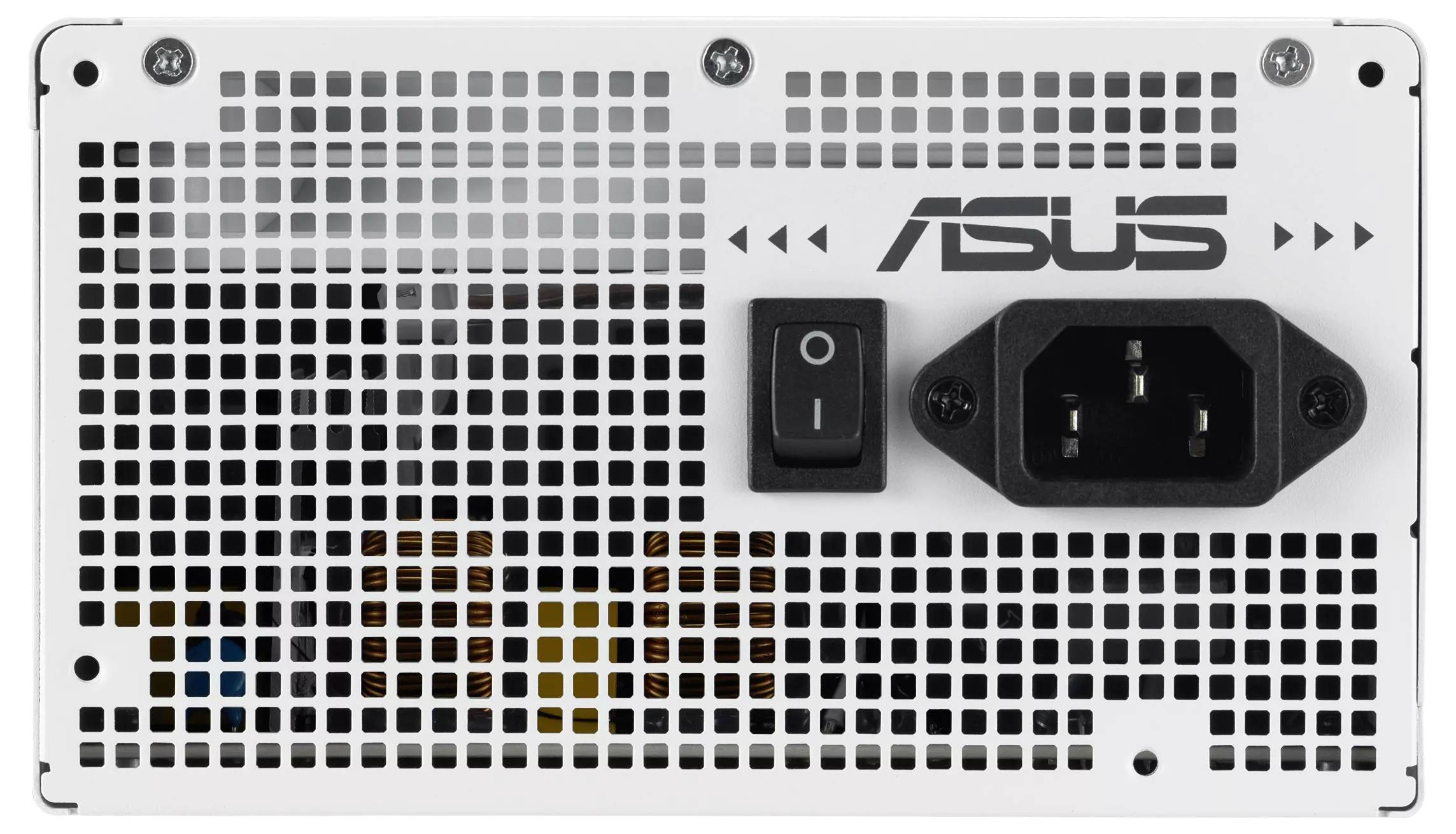 Rückseite eines mit 'ASUS' markierten Netzteils mit einem Netzschalter und Eingabeport, umgeben von einem Lüftungsgitter.