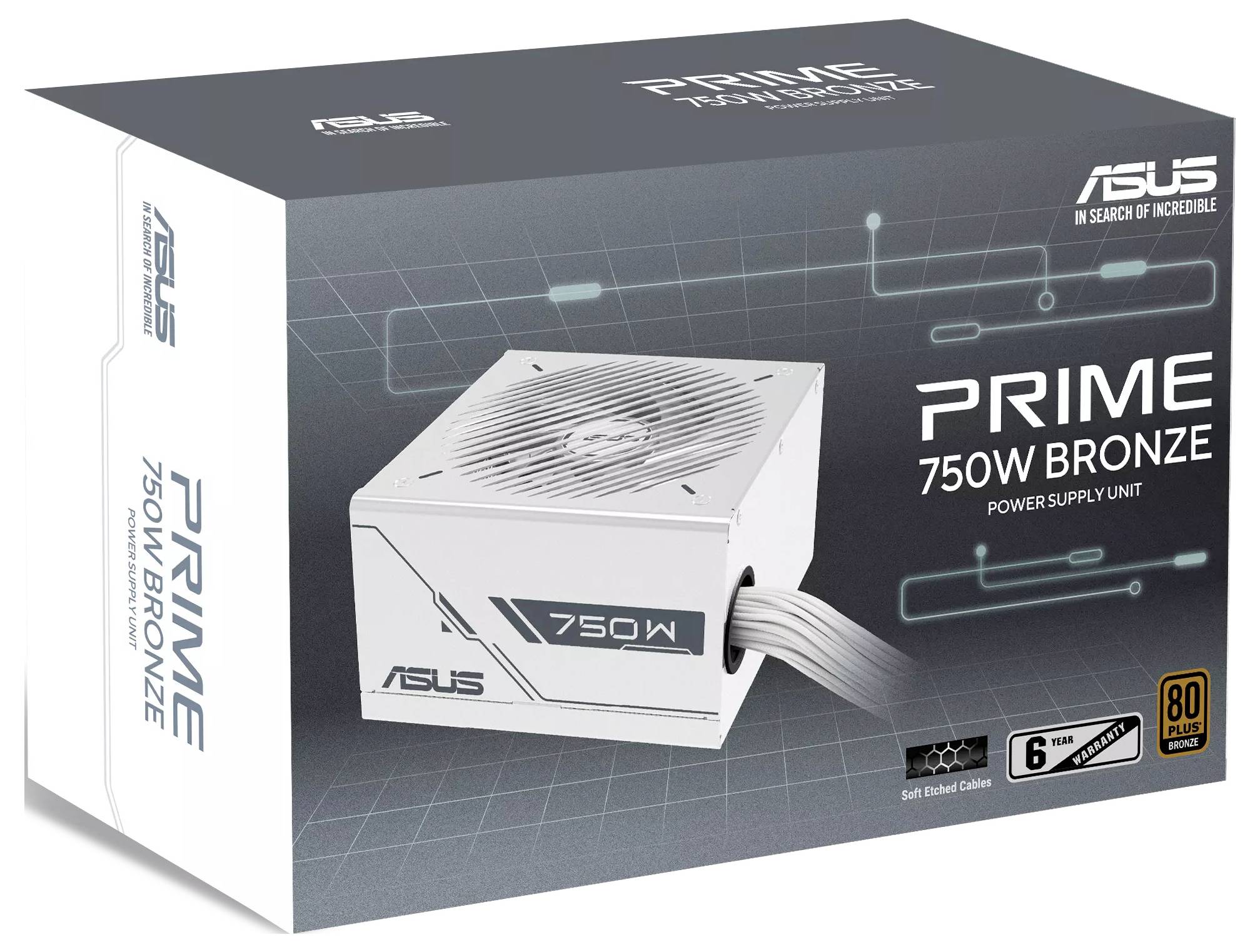 Karton einer 'Prime 750W Bronze' Netzteileinheit von Asus, der das Produktbild zeigt und Funktionen wie die 80-Plus-Zertifizierung hervorhebt.