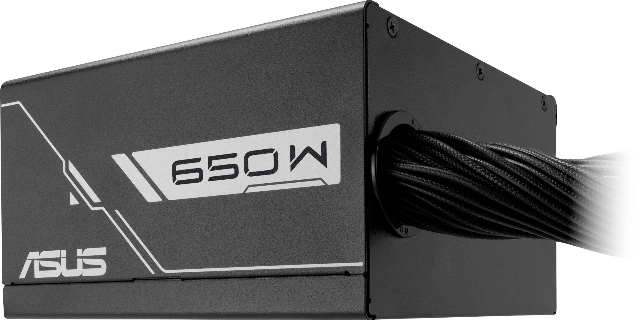 Eine schwarze ASUS-Netzteileinheit mit der Beschriftung '650W' und geflochtenen Kabeln, die seitlich herausragen, entwickelt für Desktop-Computer.