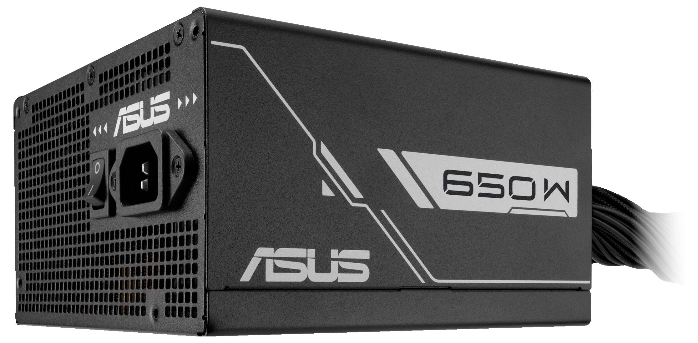 ASUS 650W Netzteil mit belüfteter Seite und angeschlossenen Kabeln, geeignet für Desktop-Computer, entwickelt für effizientes Energiemanagement.