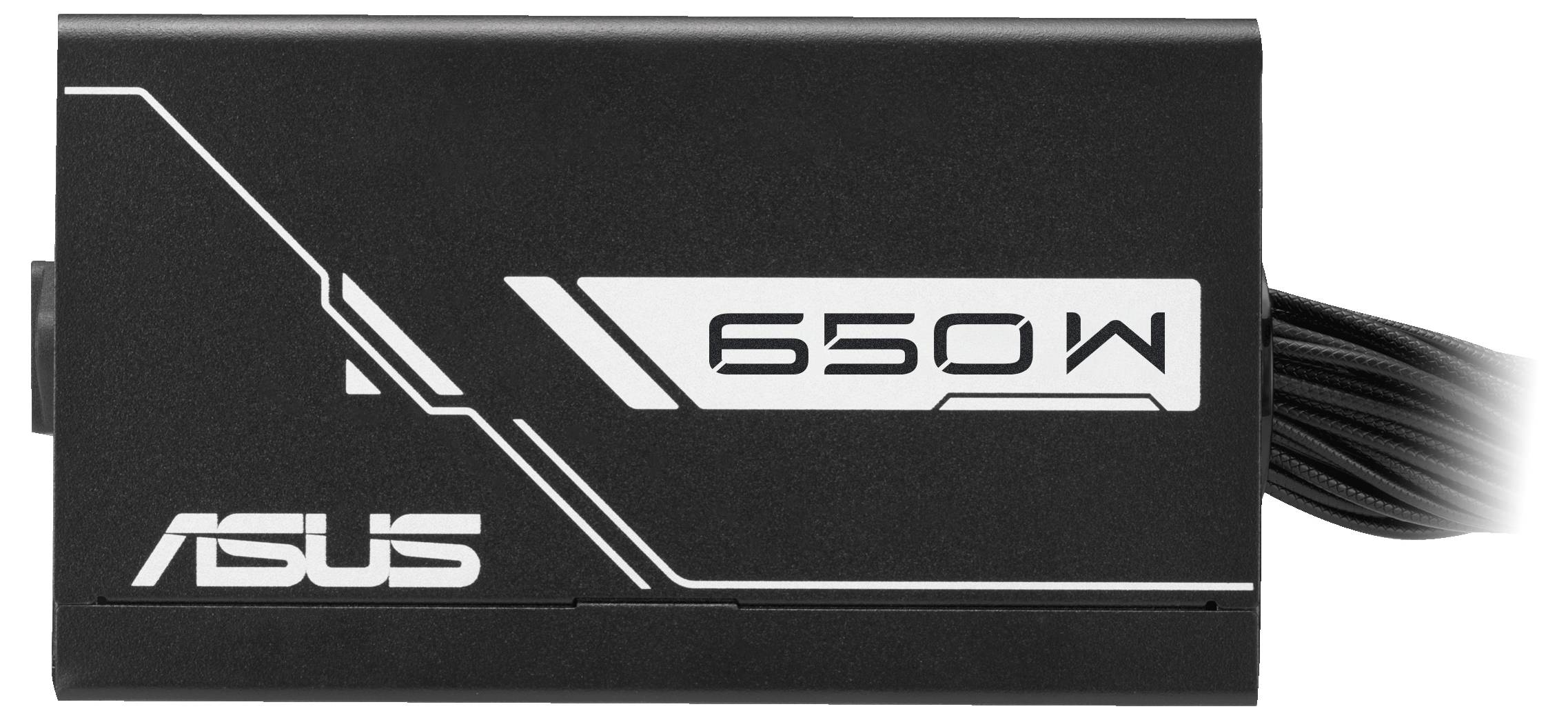 Netzteil von ASUS mit 650 Watt, schwarzes rechteckiges Design mit weißem Logo und Schriftzug, ausgestattet mit mehreren schwarzen Ausgangskabeln auf der rechten Seite.