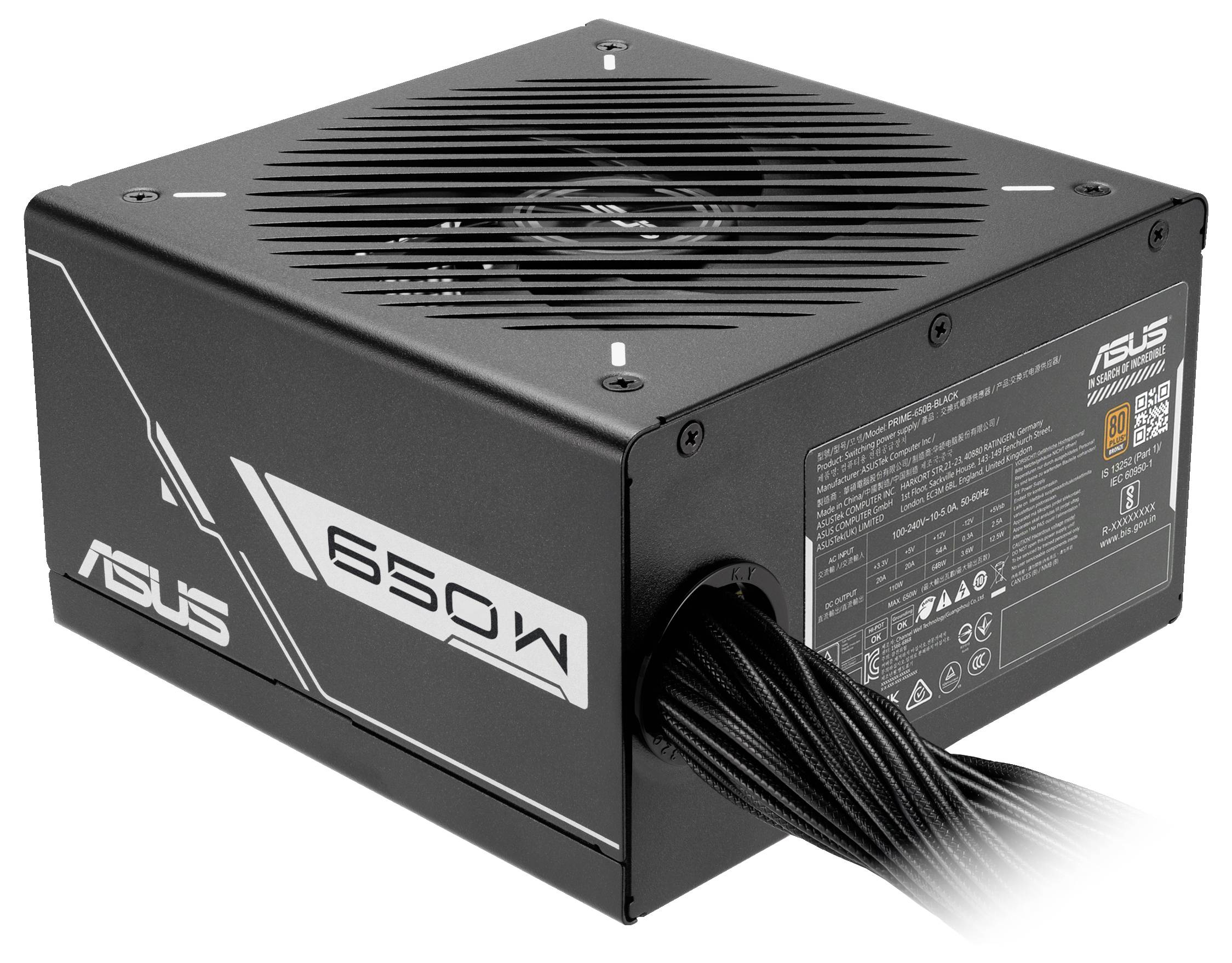 Eine schwarze 650-Watt-Netzteileinheit mit Kabeln, mit Markierung und Spezifikationen an der Seite.