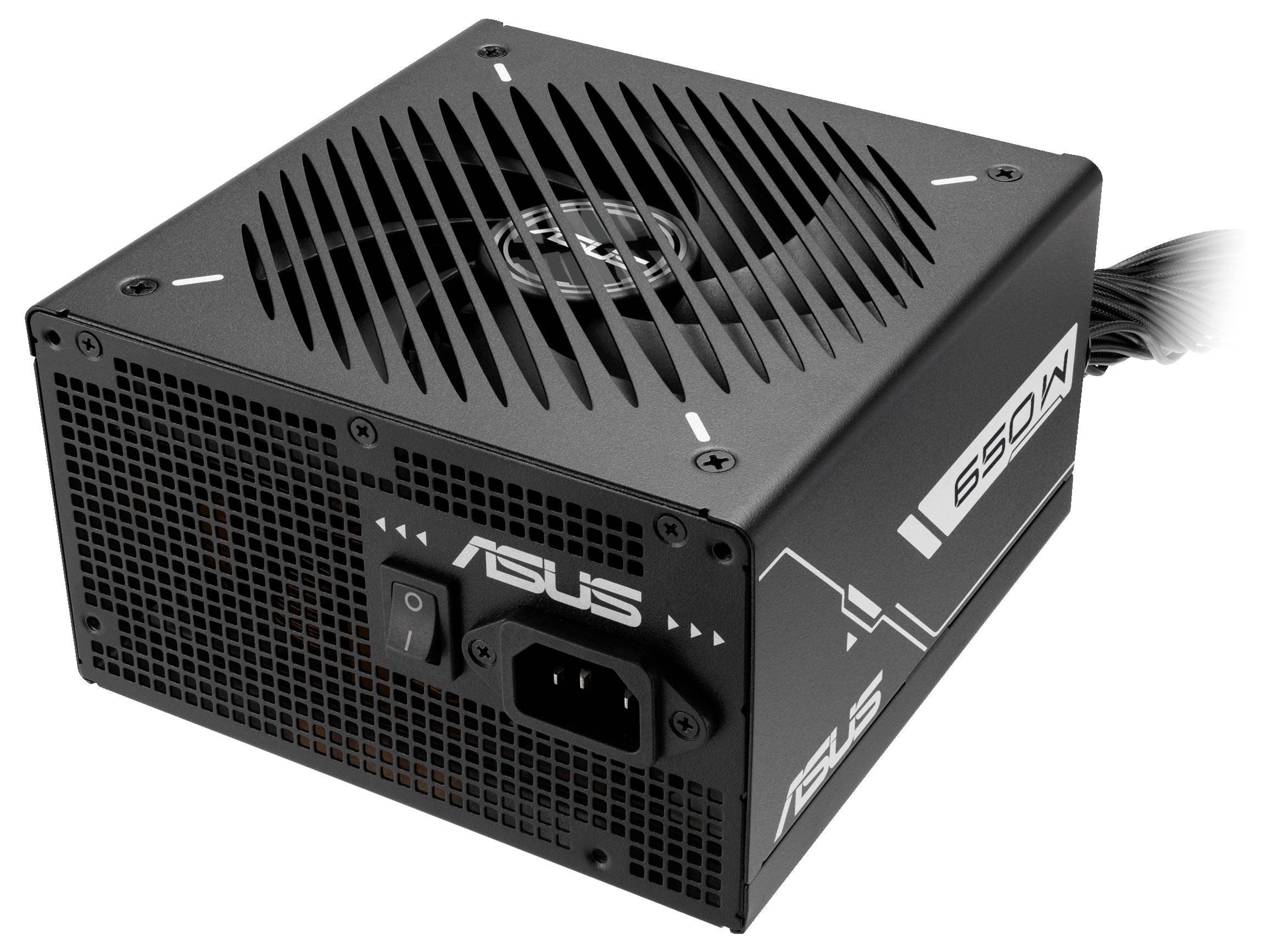 Eine schwarze ASUS-Netzteileinheit mit einer 650-Watt-Beschriftung und sichtbarem Lüftergitter, ausgelegt zur Stromversorgung von Computern.
