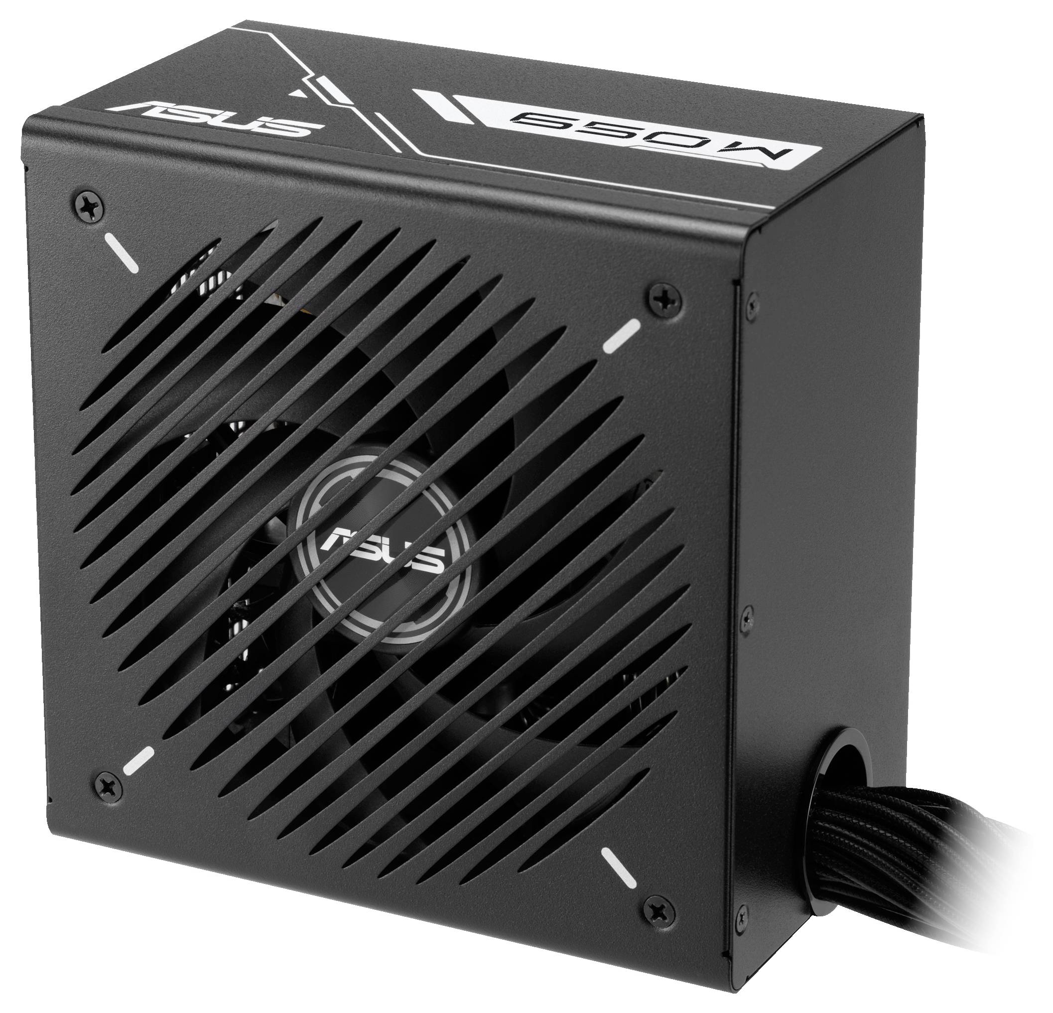 Eine schwarze ASUS 650W Netzteileinheit mit einem sichtbaren Kühlventilator und einem Kabel, das seitlich herausragt.