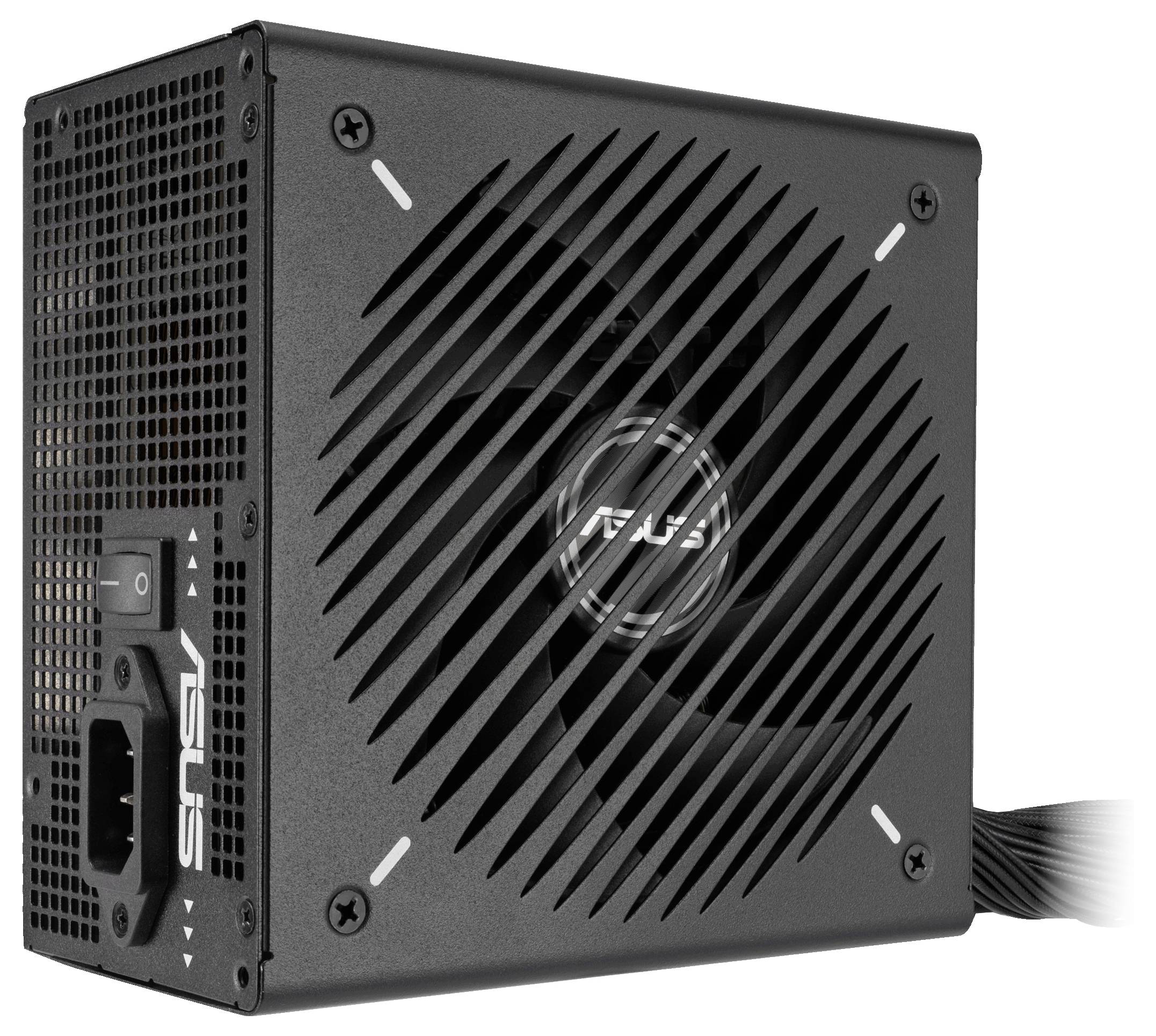 Eine schwarze ASUS Netzteileinheit für Computer mit sichtbarem Lüfter und Lüftungsgitter, die das Markenlogo und den Stromeingangsanschluss zeigt.
