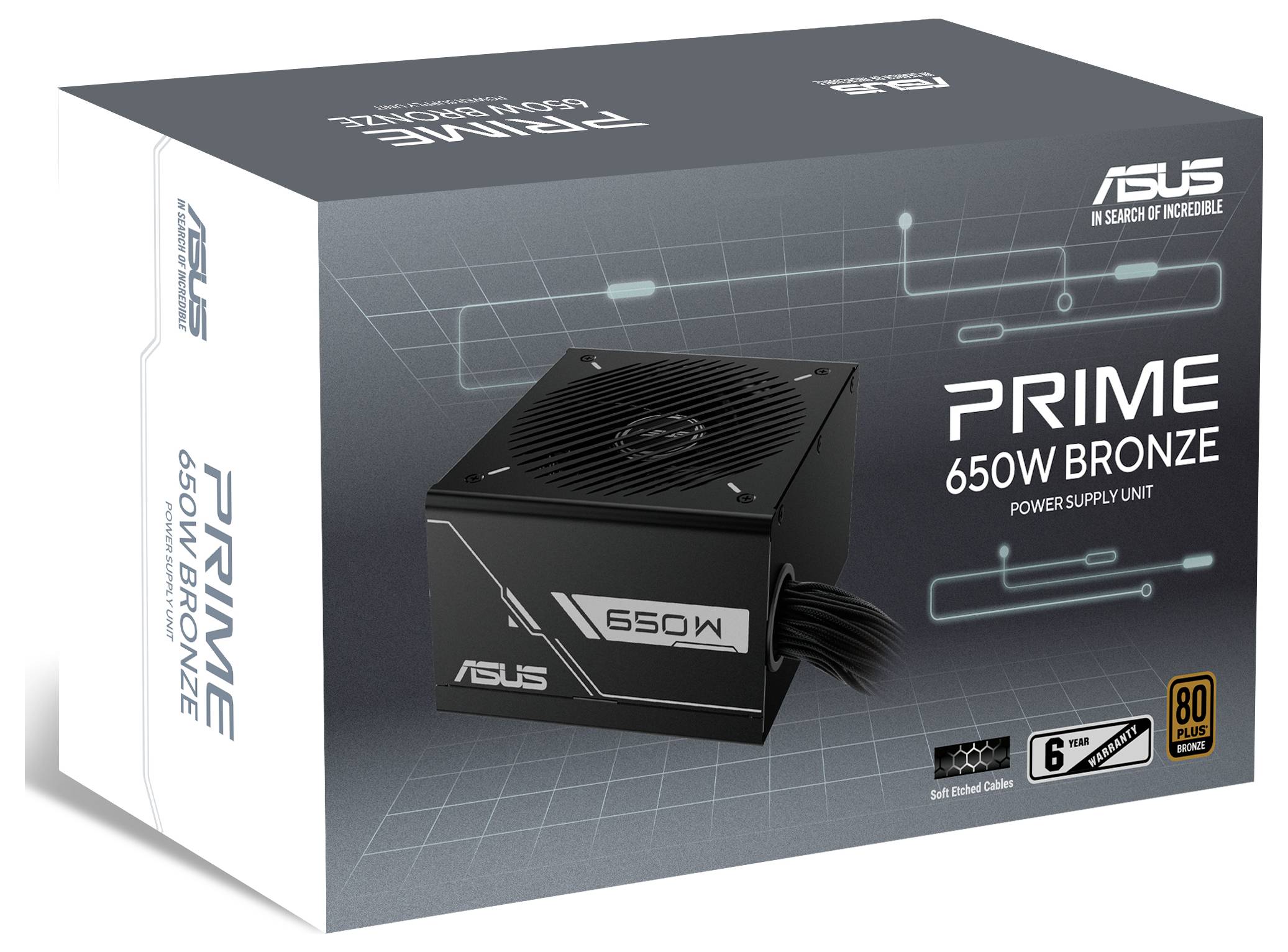 Netzteil mit 'Prime 650W Bronze'-Beschriftung, ausgestattet mit 80-Plus-Bronze-Zertifizierung und modularem Kabeldesign, auf Markenverpakkung.