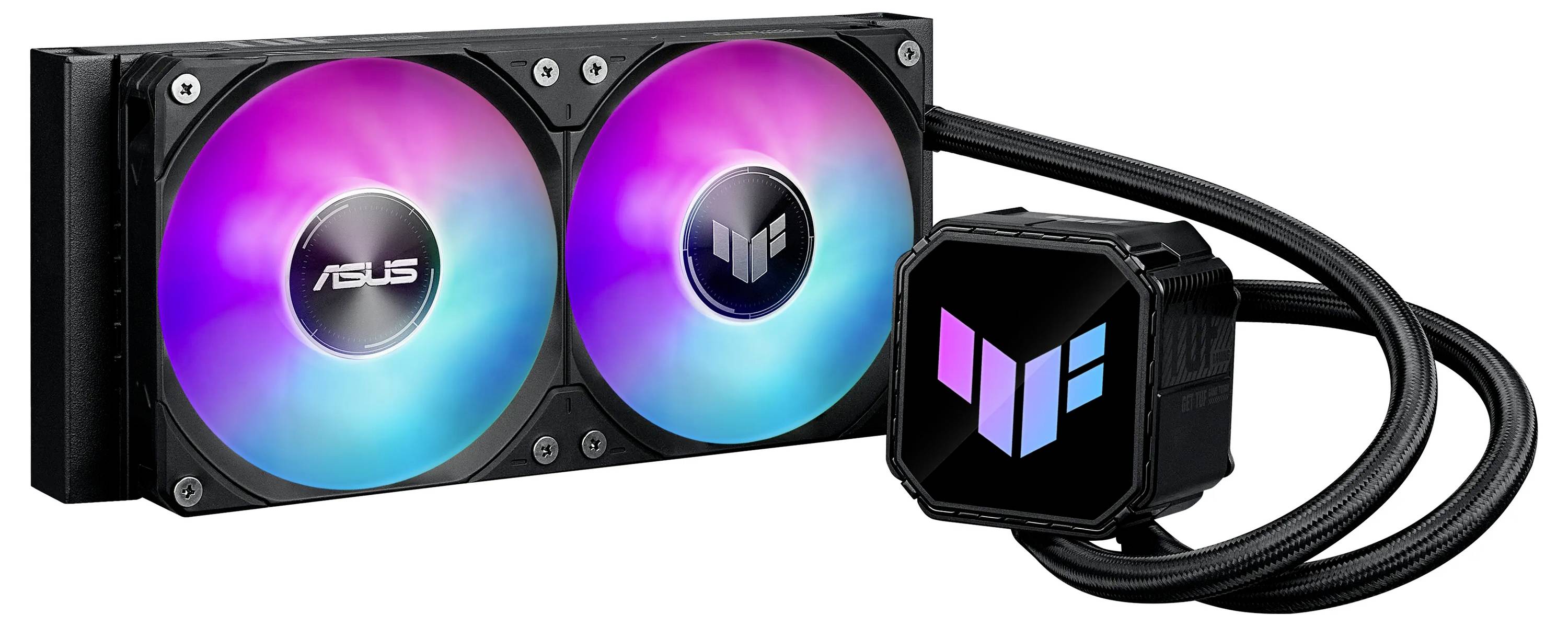 Ein Computer-Flüssigkühlsystem mit zwei RGB-Lüftern und einer angeschlossenen Pumpe, die das TUF Gaming-Logo trägt und für Wärmemanagement entwickelt wurde.