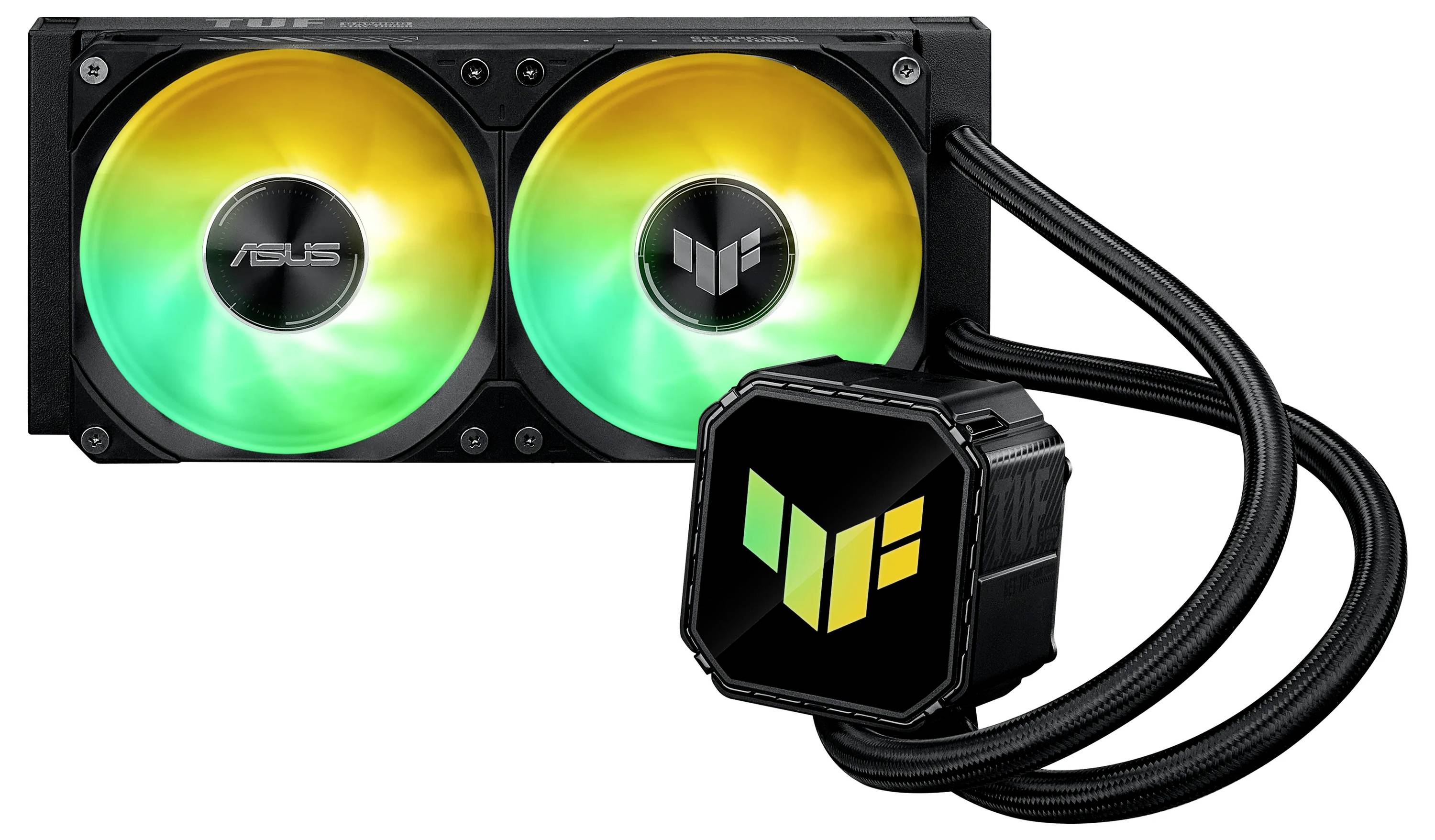 Flüssige CPU-Kühlung mit zwei farbenfrohen LED-Lüftern und einem Pumpenblock mit dem TUF Gaming Logo, verbunden durch zwei schwarze Schläuche.