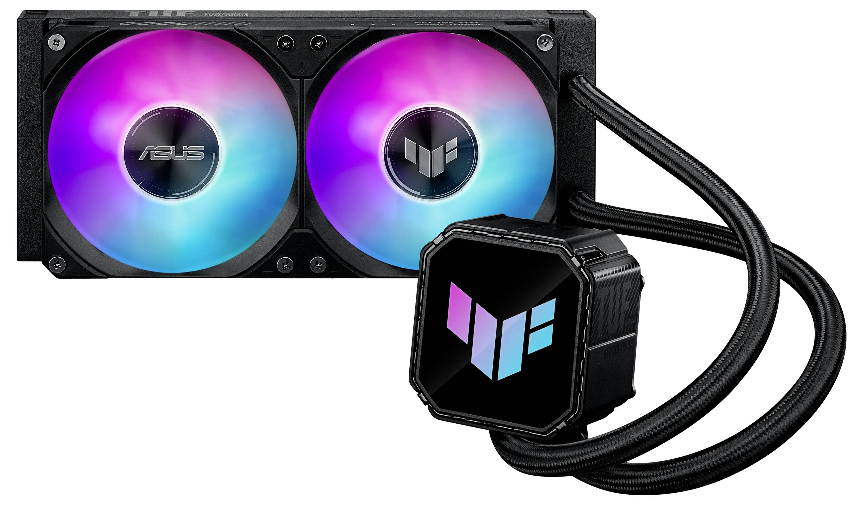 Ein Kühlkörper mit Flüssigkeitskühlung und zwei Lüftern, ausgestattet mit RGB-Beleuchtung und einem markeneigenen Pumpenblock, der über Schläuche verbunden ist und für Kühlsysteme in Computern entwickelt wurde.