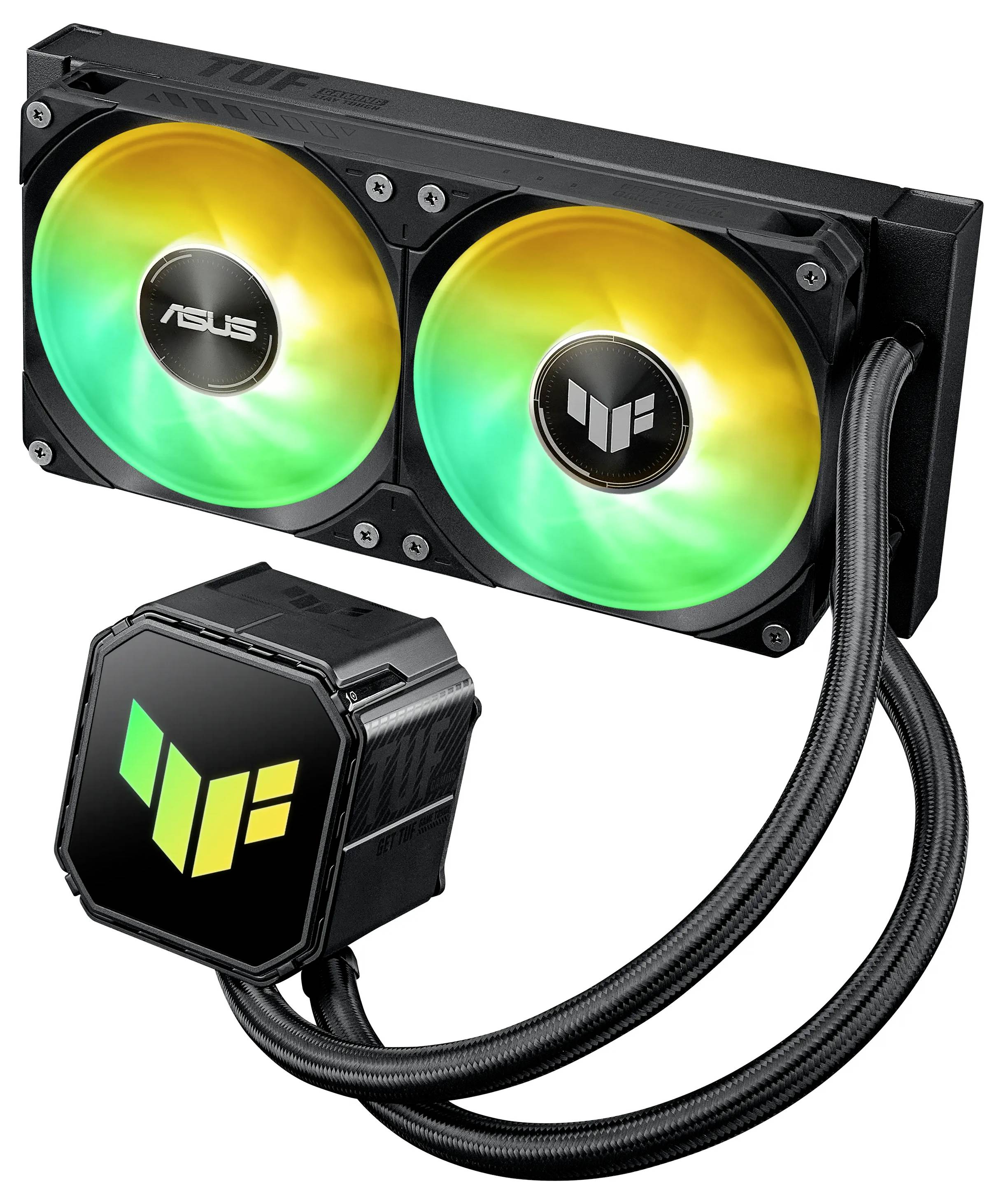 Ein Flüssigkeits-CPU-Kühler mit Doppellüfter, RGB-Beleuchtung und Markierungslogos auf den Lüftern und der Pumpe, der ein aufwendiges Design und hohe Funktionalität präsentiert.