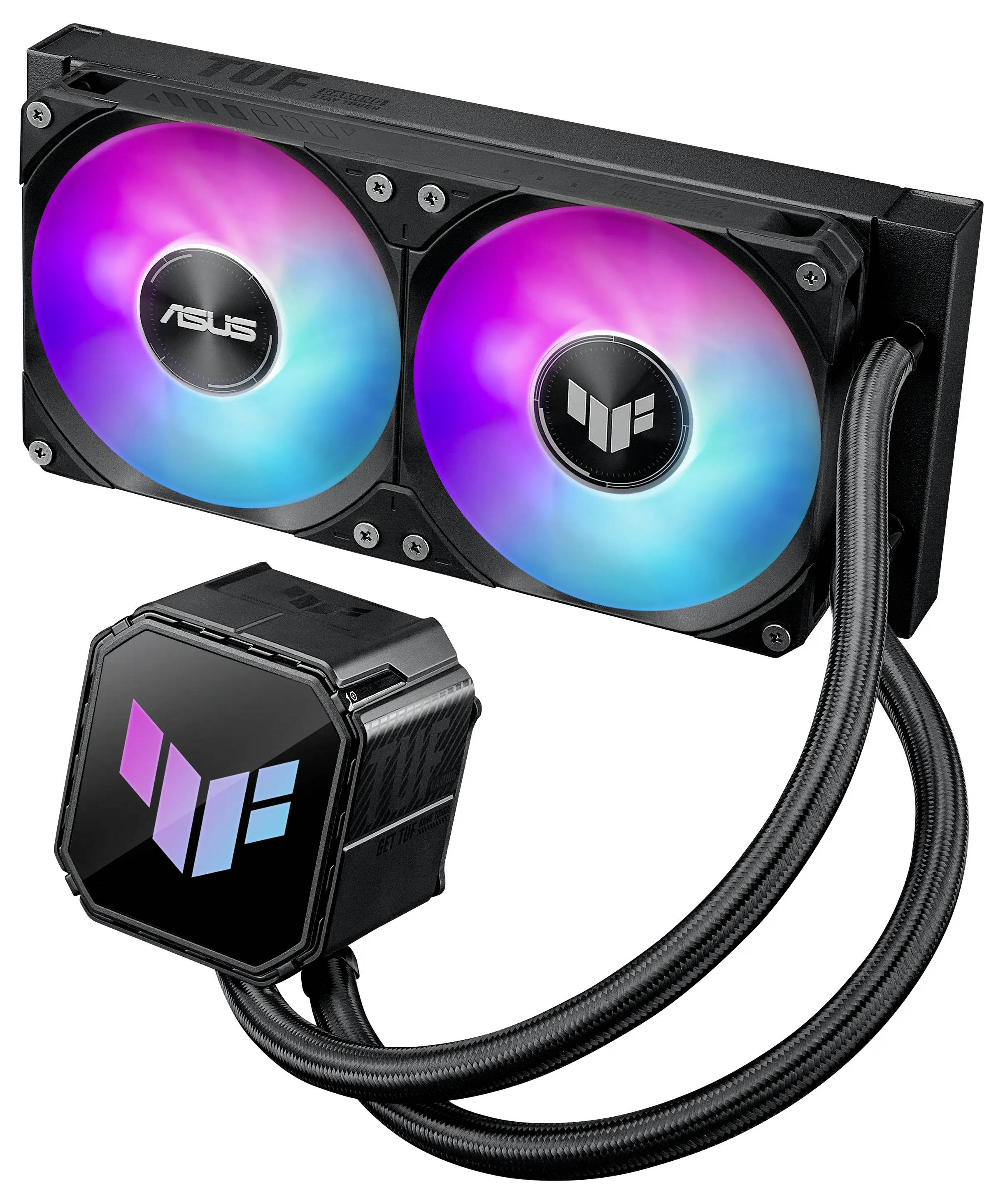 Ein RGB-Flüssigkeitskühler für CPUs mit Doppellüftern, die bunte Lichter ausstrahlen und ein ASUS TUF-Logo auf der Pumpe zeigen, entwickelt für eine effiziente Wärmeableitung.