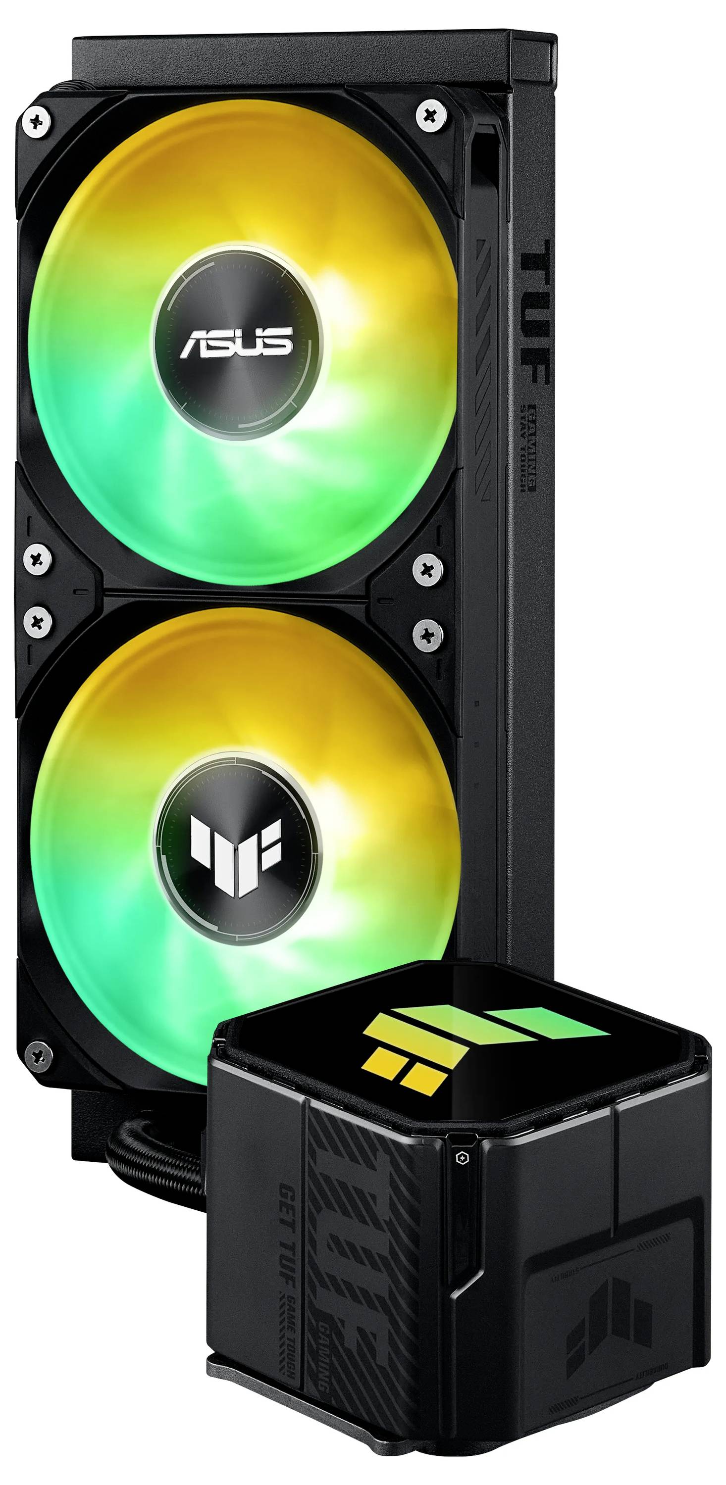 ASUS TUF Gaming CPU-Kühler mit RGB-Beleuchtung, ausgestattet mit Dual-Lüftern und einem eleganten schwarzen Design für verbesserte thermische Leistung in Gaming-PCs.