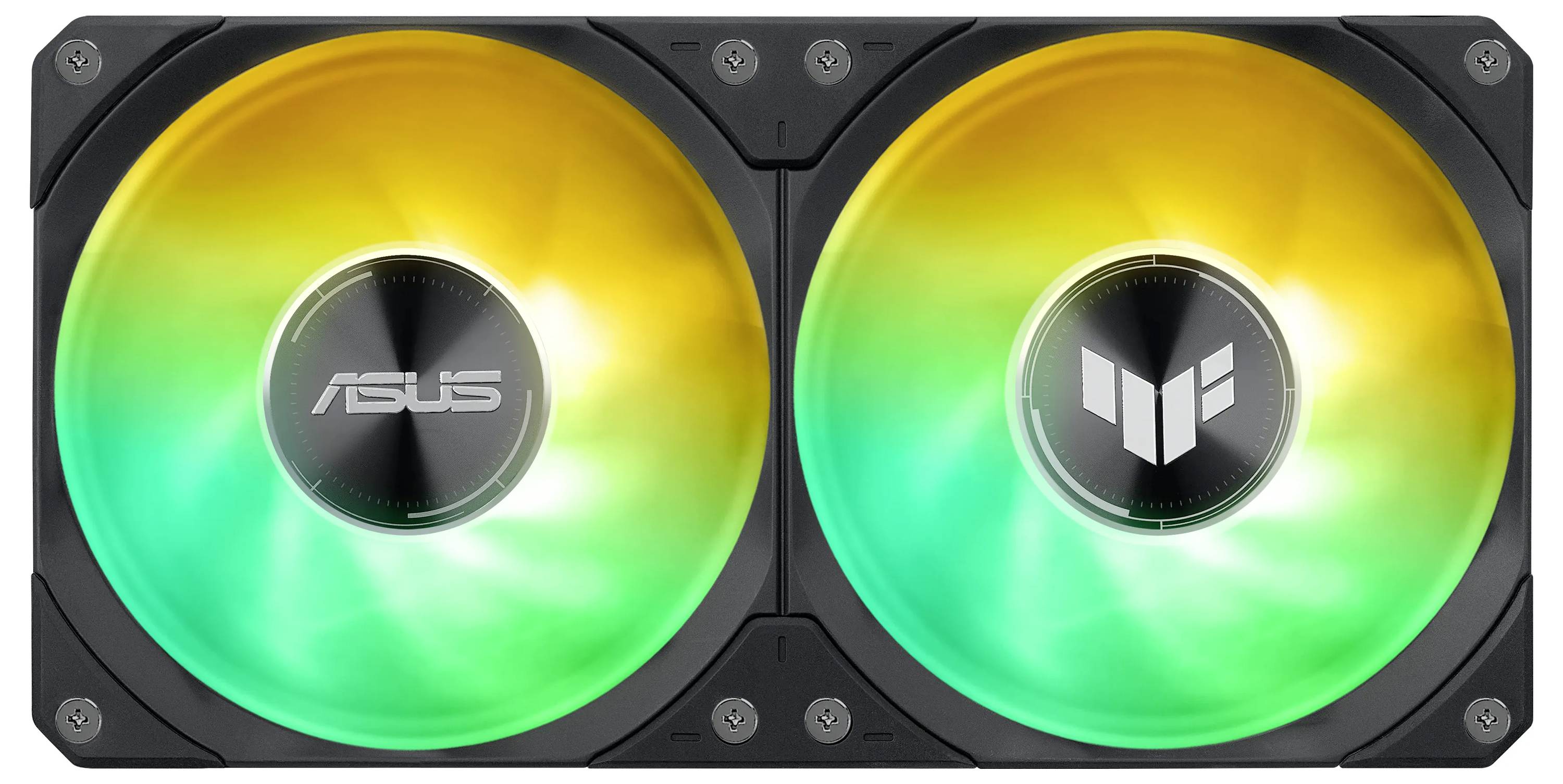 Eine Kühleinheit für Computer mit zwei Lüftern, wobei ein Lüfter gelb leuchtet und der andere grün, und jeder zeigt ein Logo in der Mitte.