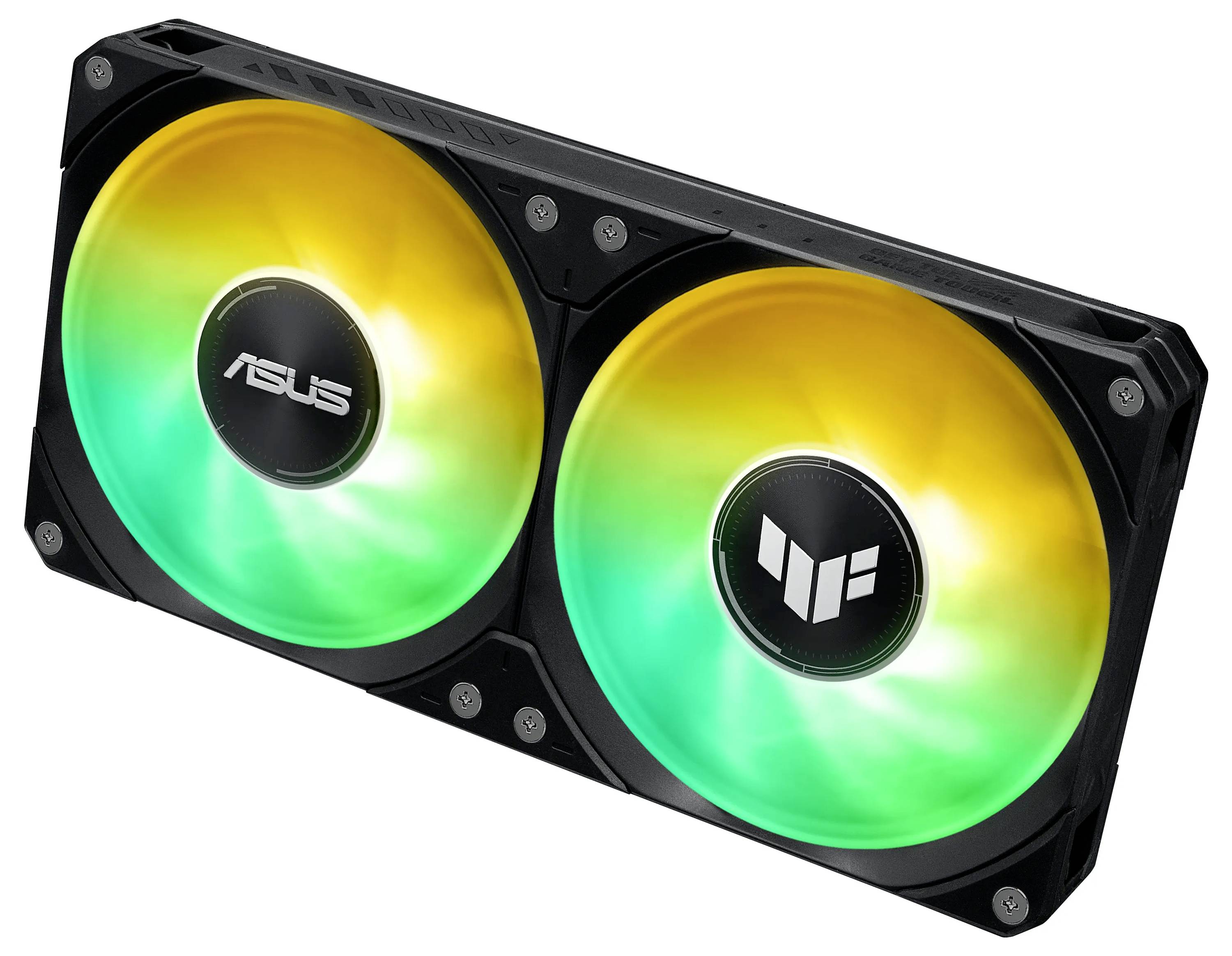 Ein Computer-Kühlventilator mit zwei farbenfrohen, beleuchteten Ringen in Grün und Gelb, die jeweils ein Logo in der Mitte des Ventilators aufweisen.