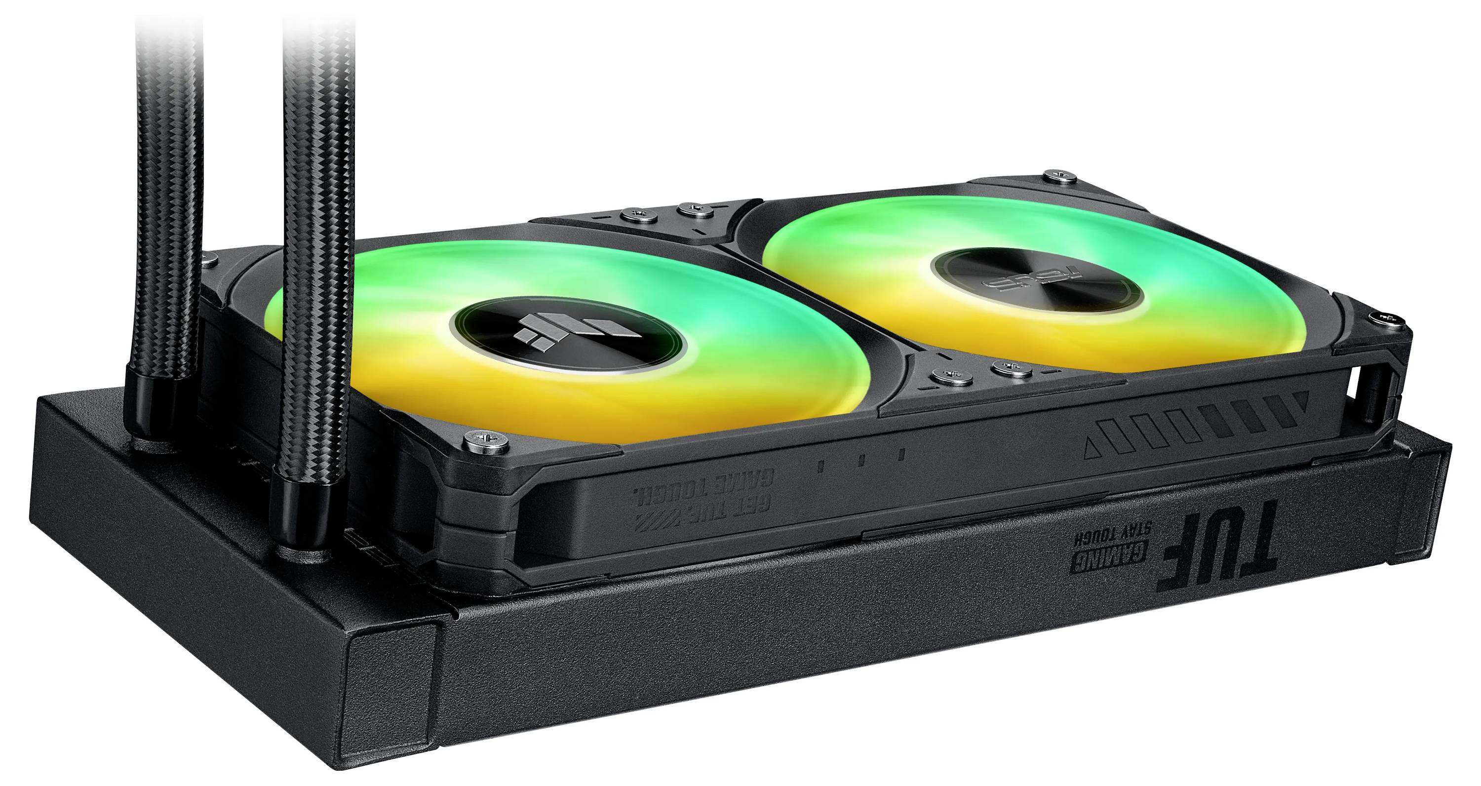 Ein Flüssigkeits-CPU-Kühler mit Doppellüfter und RGB-Beleuchtung auf einem schwarzen Radiatorengehäuse, konzipiert für effiziente Kühlung und verbesserte Computerleistung.