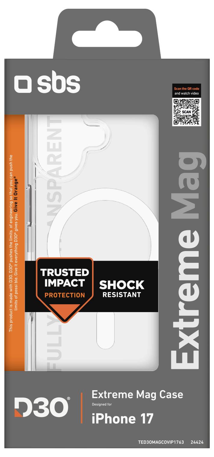 Verpackung für ein 'Extreme Mag Case' für iPhone 17, mit Highlights wie 'Geprüfter Stoßschutz' und 'Stoßfest'