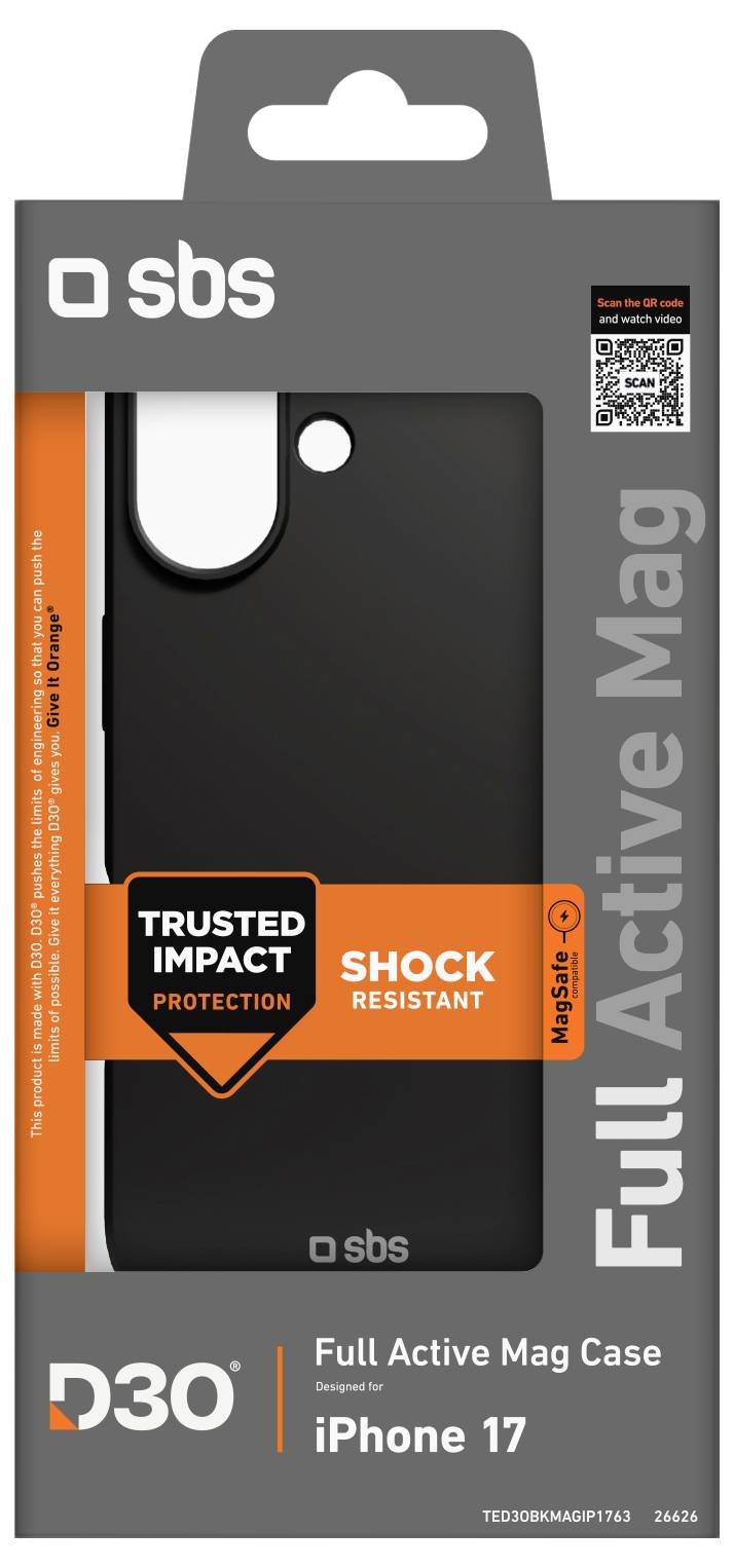 Full Active Mag Case für iPhone 17 von SBS. D30 Stoßschutz, stoßfest. Schwarze Hülle in Einzelhandelsverpackung mit orangefarbenen Akzenten.