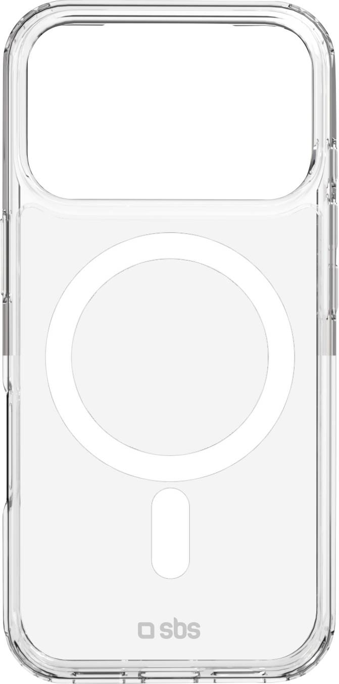 Eine transparente Handyhülle mit einem weißen kreisförmigen MagSafe-Design und dem 'sbs'-Logo am unteren Rand, geeignet zum Schutz eines Smartphones.