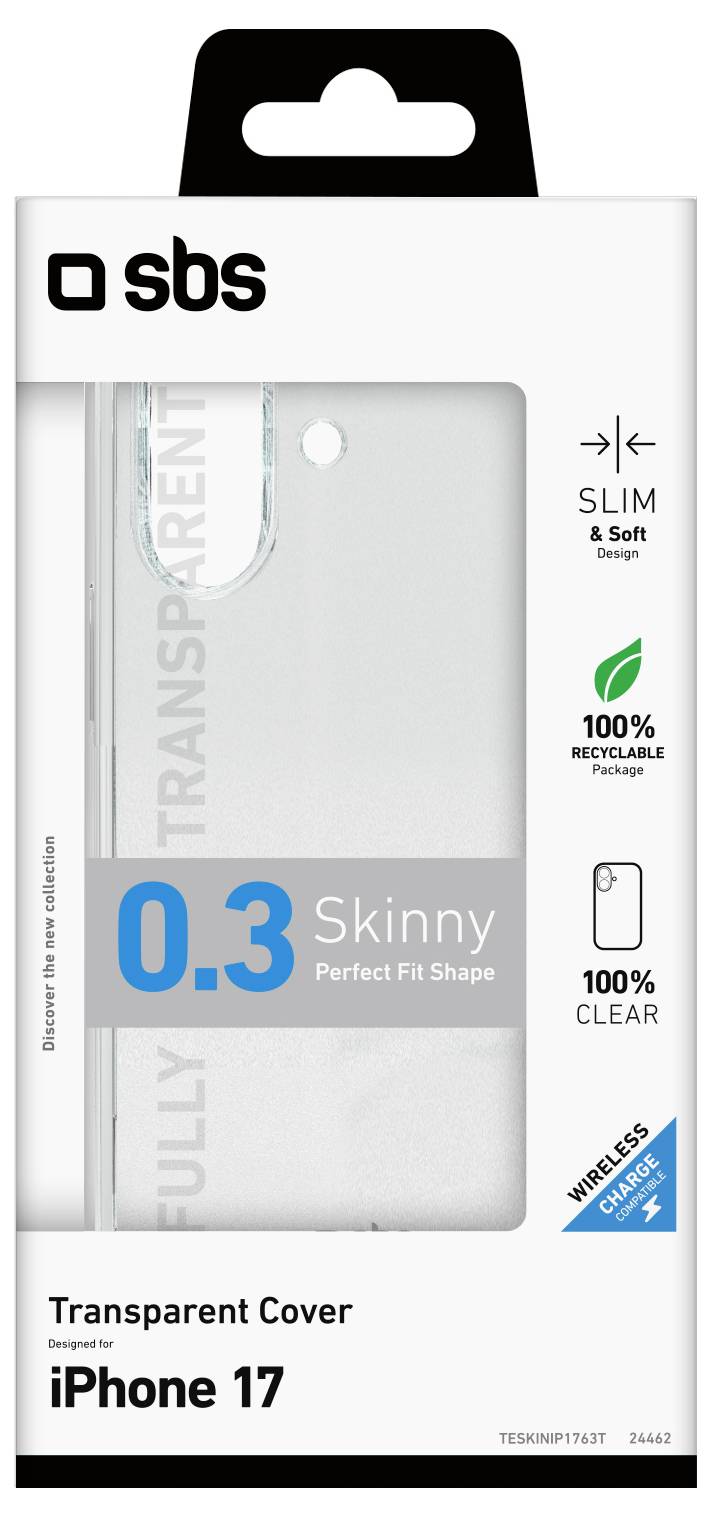 iPhone 17 transparente Schutzhülle Verpackung; enthält Text: Dünn & Weich, 100% Recycelbar, Kabellos Laden; Design ermöglicht vollständige Sichtbarkeit des Telefons.