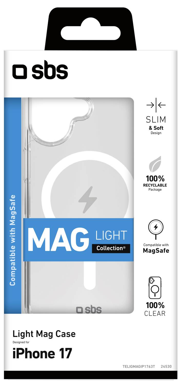 'iPhone 17' leichte Magnetische Schutzhülle Verpackung. Funktionen umfassen MagSafe-Kompatibilität, schlankes Design, 100% recycelbar und transparentes Material.