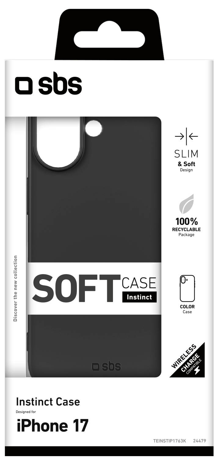 Schwarzes SBS Instinct Case für iPhone 17, schlankes und weiches Design, zu 100% recycelbar, unterstützt kabelloses Laden, Verpackung betont Nachhaltigkeit.