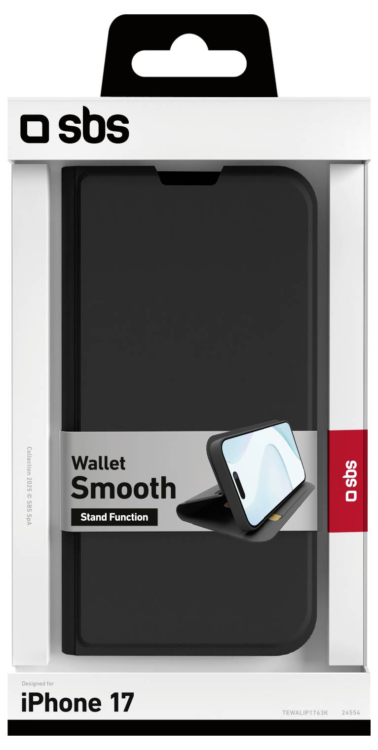 Verpackung einer schwarzen SBS Brieftasche mit Ständerfunktion für iPhone 17, mit einem Produktbild, das die Standfunktion des Handys demonstriert.