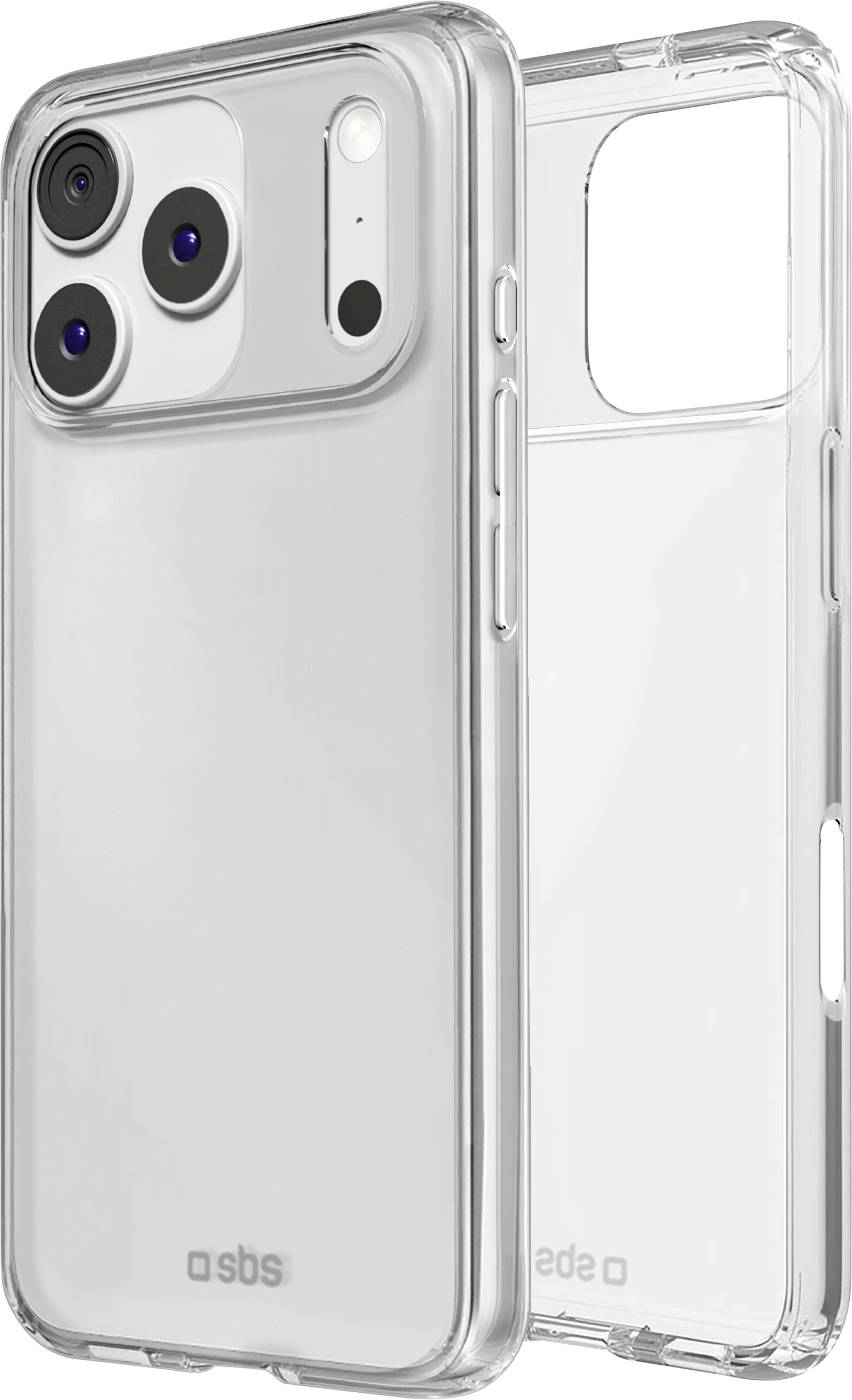 Zwei durchsichtige Smartphone-Hüllen mit schwarzen Kameraausschnitten und Lautstärketasten-Schlitzen. Das Markenlogo befindet sich am unteren Ende jeder Hülle.