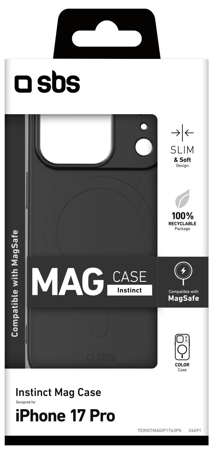 'Black Instinct Mag Case' für iPhone 17 Pro in Verpackung gezeigt. Funktionen umfassen Kompatibilität mit MagSafe, schlankes Design und recycelbare Materialien.