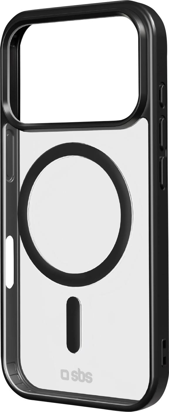 Ein transparenter Smartphone-Handyhülle mit schwarzen Kanten, ausgestattet mit einem großen kreisförmigen magnetischen Ring für MagSafe-Kompatibilität, gekennzeichnet mit SBS.