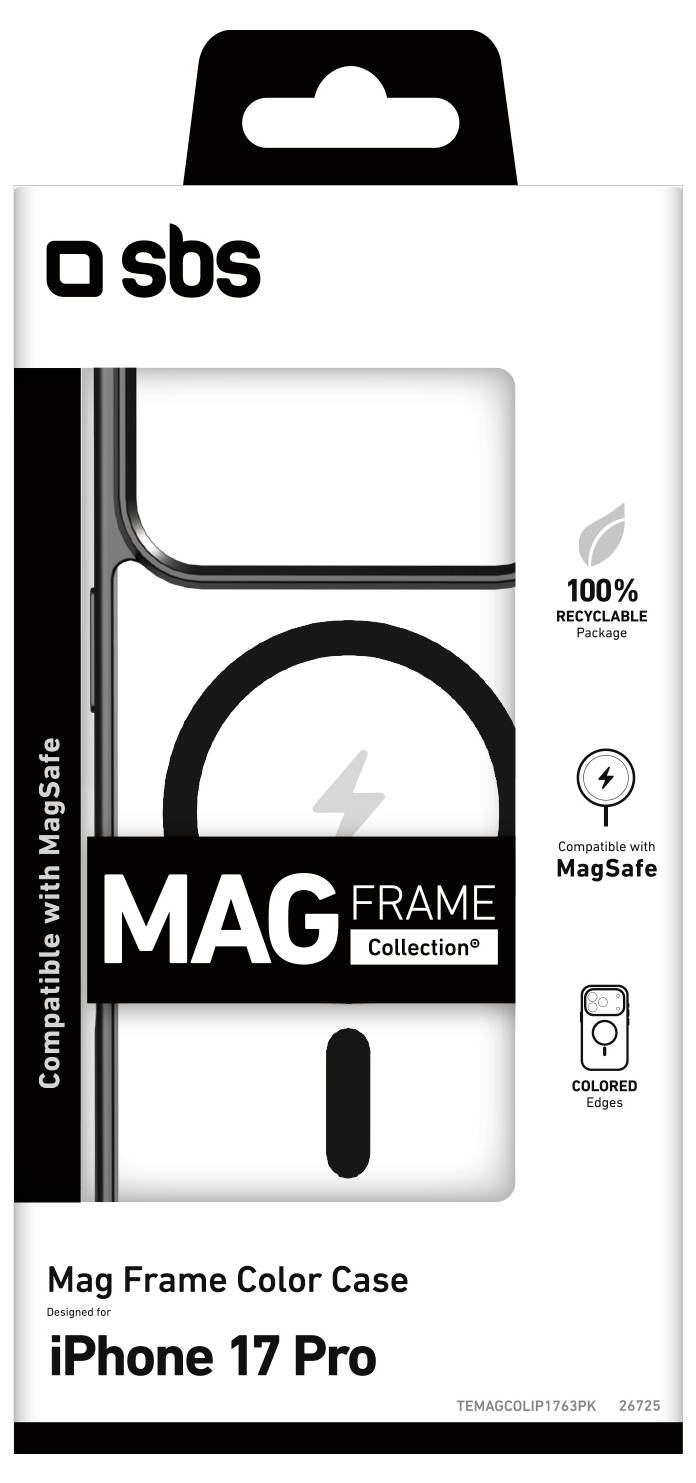 Verpackung für 'Mag Frame Color Case' für das iPhone 17 Pro, mit einem schwarzen Kreis, der die MagSafe-Kompatibilität andeutet, und einer zu 100% recycelbaren Verpackung.