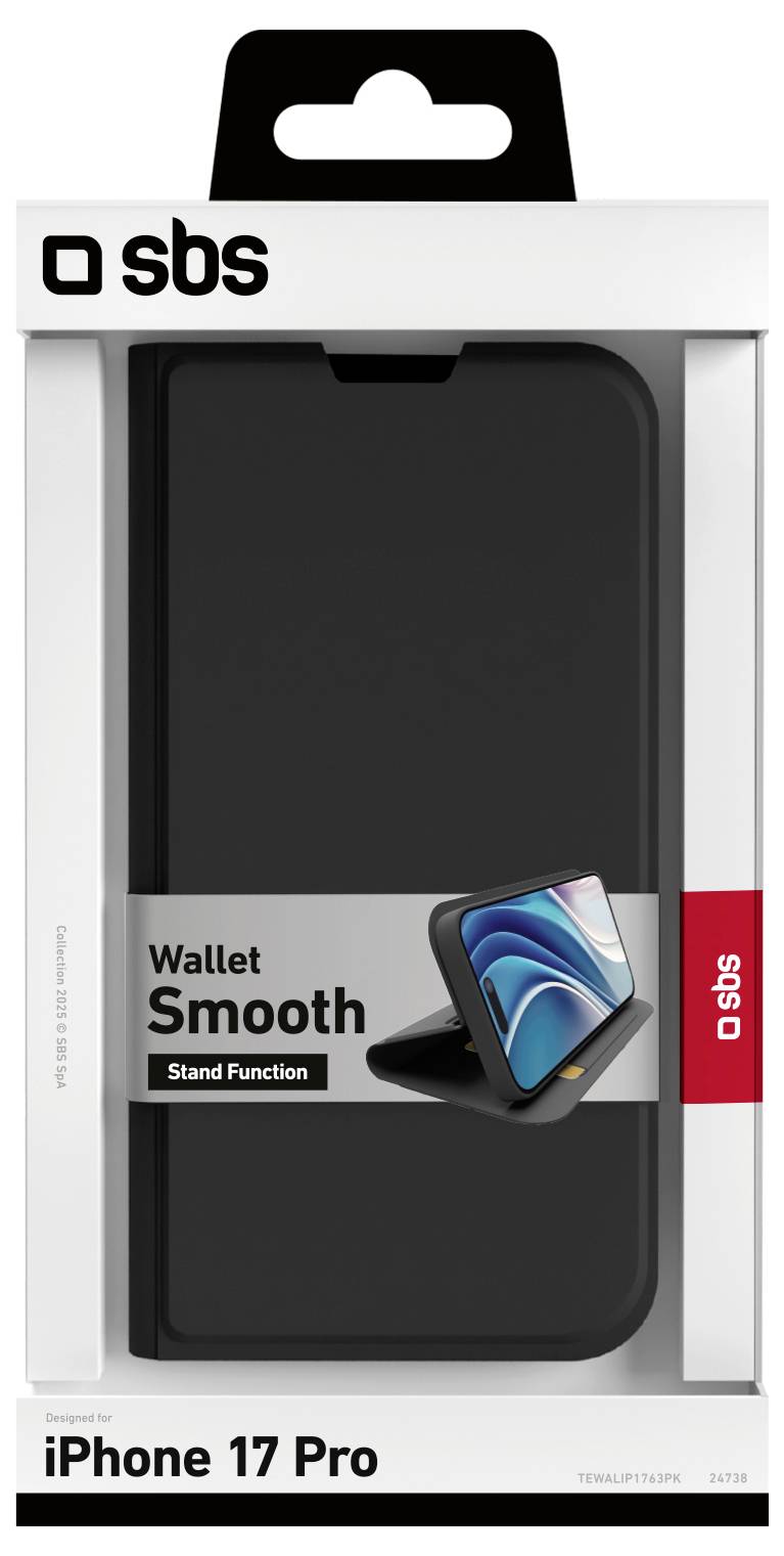 Verpackung für eine SBS Wallet Smooth Handyhülle, kompatibel mit iPhone 17 Pro, zeigt die Hülle mit Standfunktion.