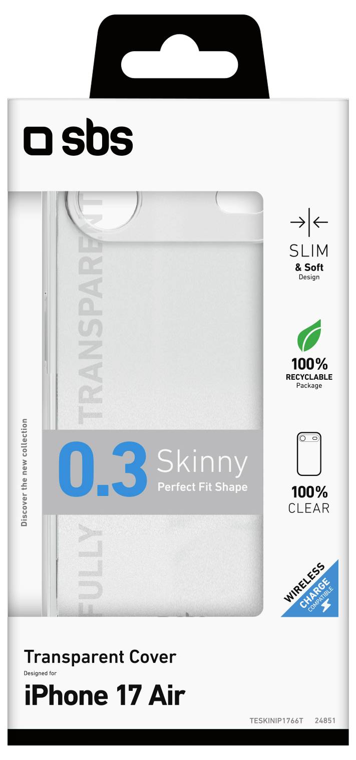 iPhone 17 Air transparente Schutzhülle Verpackung. Features umfassen schmale Passform, zu 100% recycelbar, kompatibel mit drahtlosem Laden.