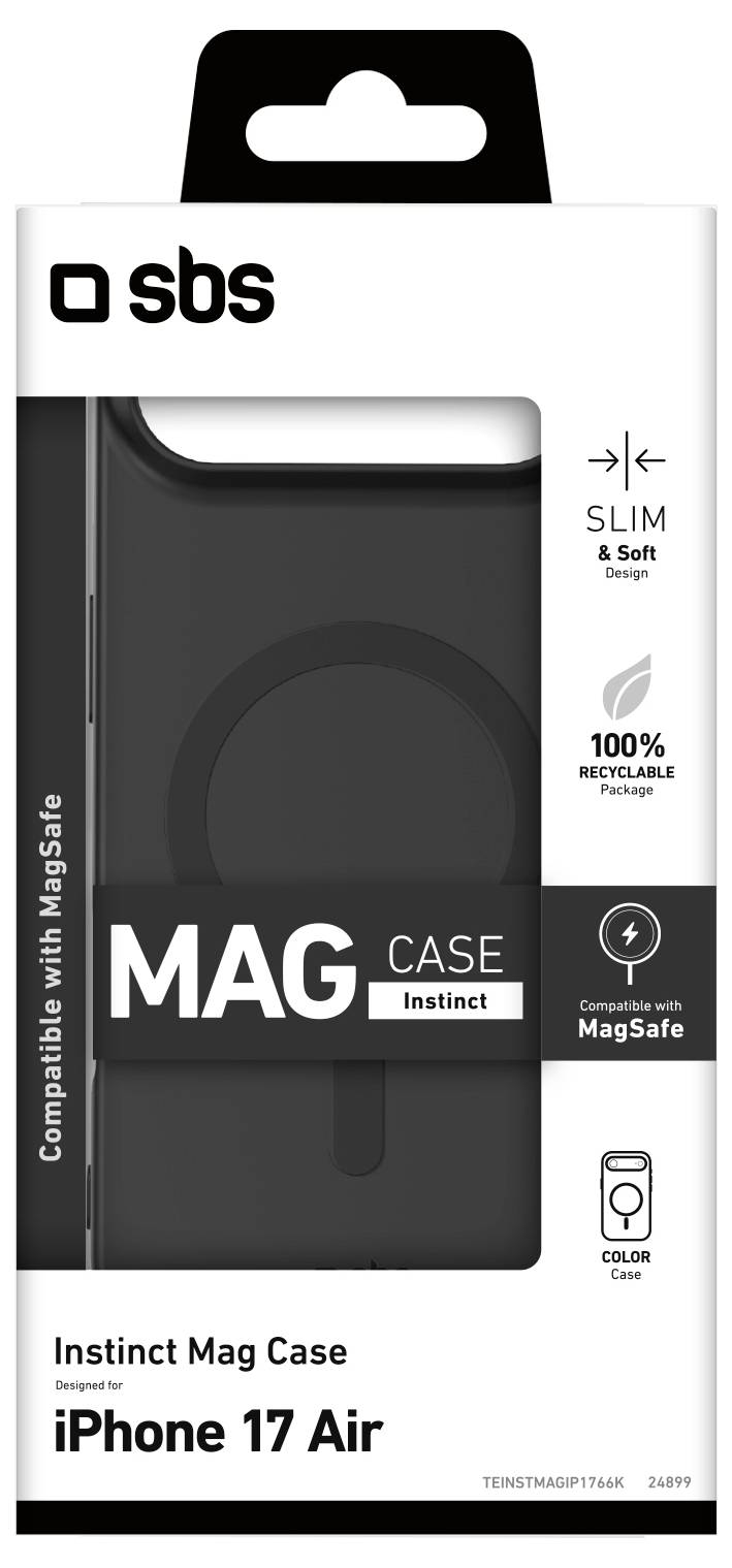 Instinct Mag Hülle für iPhone 17 Air von SBS, Slim & Soft, 100% recycelbar, kompatibel mit MagSafe, schwarze Farbe, Verpackungsansicht von vorne.