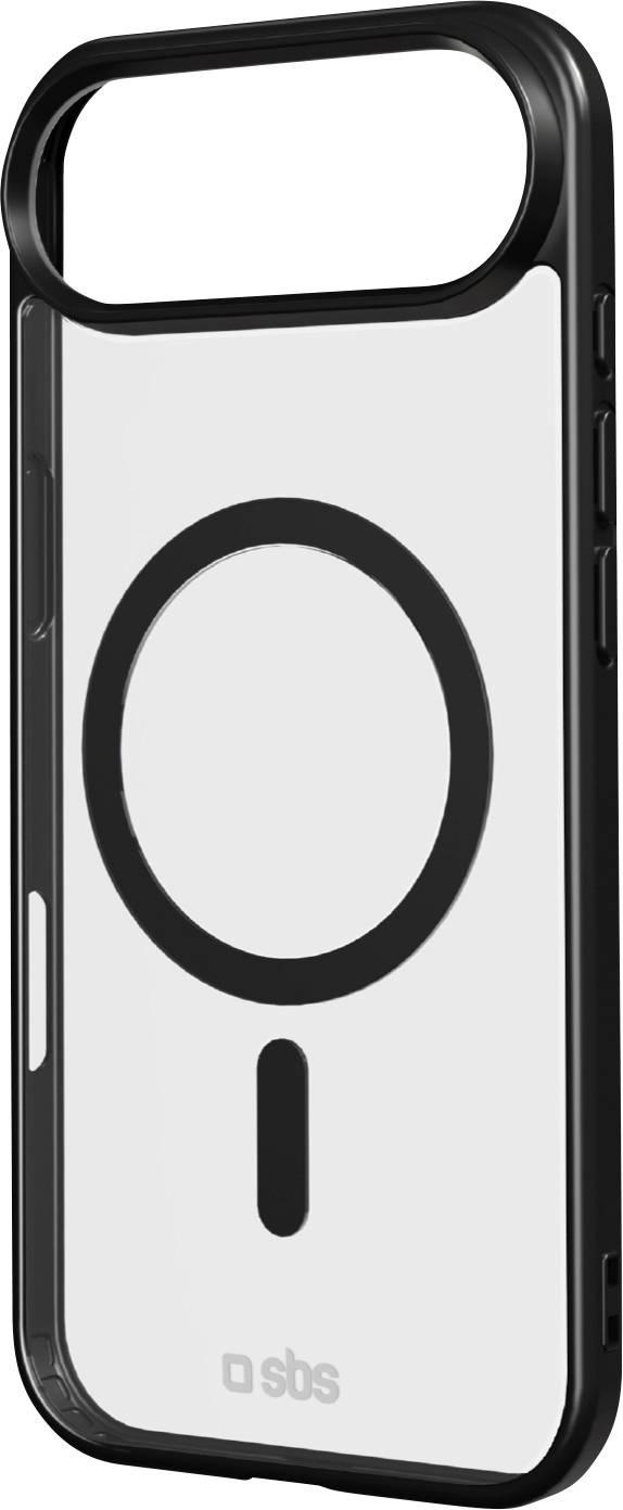 Eine Smartphone-Hülle mit einem kreisförmigen MagSafe-Design, transparenter Rückseite und schwarzen Kanten, geeignet für die Verwendung mit magnetischen Zubehörteilen.