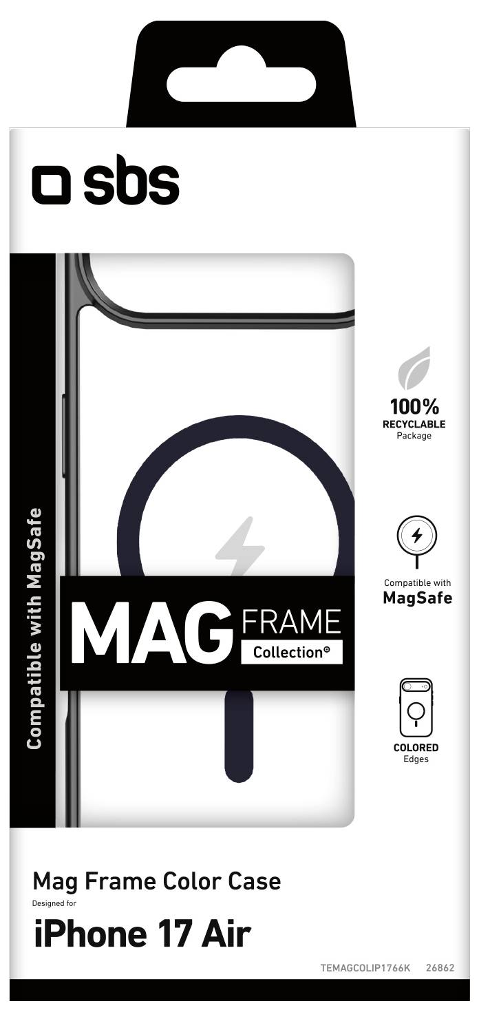 Verpackung für SBS Mag Frame Color Case für iPhone 17 Air. Funktionen umfassen MagSafe-Kompatibilität und zu 100% recycelbare Verpackung.
