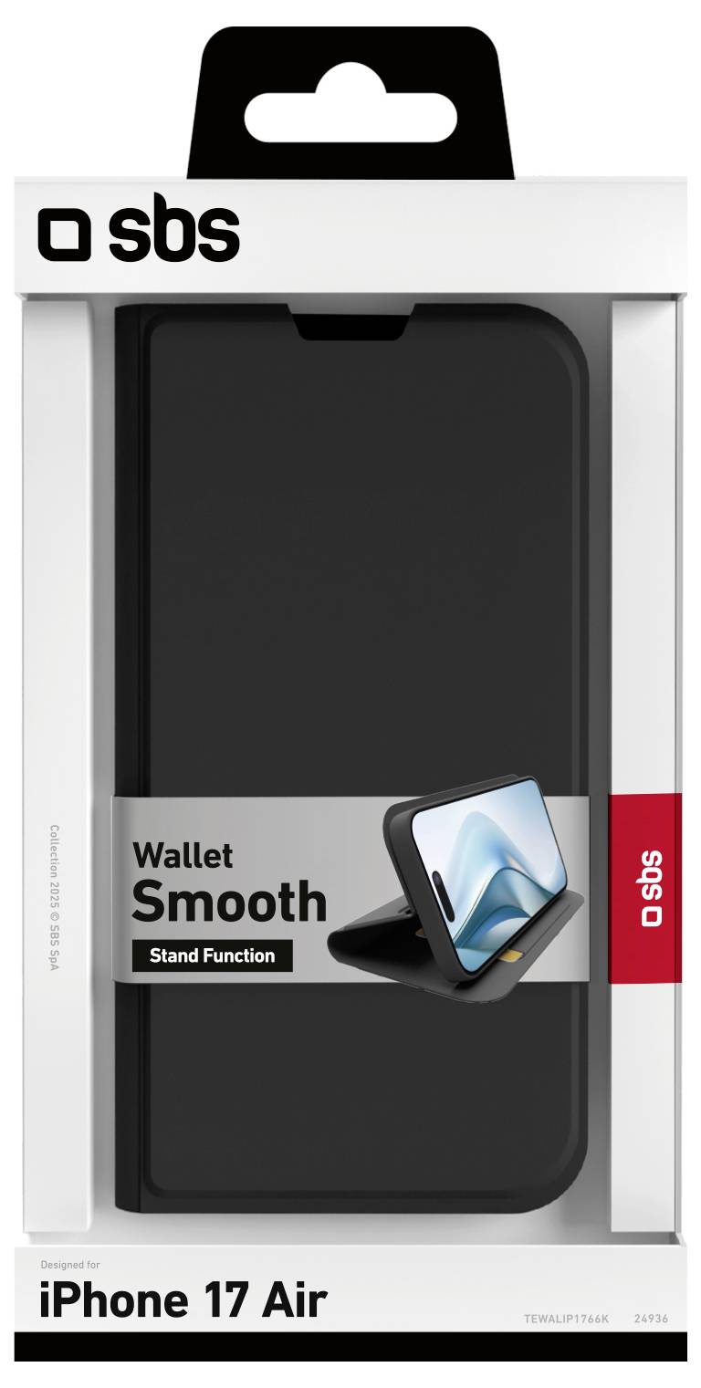 Smartphone-Hülle für iPhone 17 Air, schwarzes Wallet-Design mit Ständerfunktion. Logo der Marke 'SBS' auf der Verpackung sichtbar.