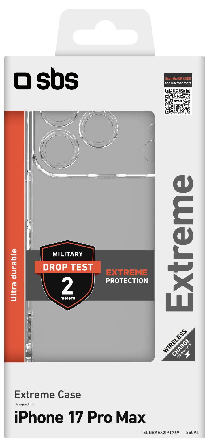 iPhone 17 Pro Max Extreme Hülle mit Verpackung, die Schutz gegen militärische Falltest-Anforderungen bis zu 2 Metern sowie Kompatibilität mit drahtlosem Laden bietet.