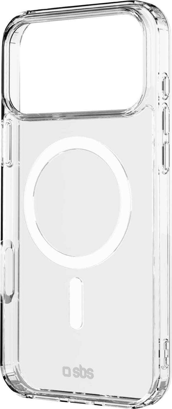 Transparente Handyhülle mit rundem MagSafe-Design, transparentem Material und Aussparungen für Tasten und Kamera.