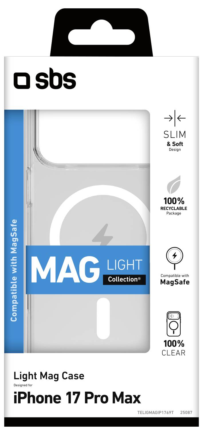 Transparente Handyhülle für 'iPhone 17 Pro Max' von SBS. Merkmale umfassen 'Schlankes & weiches Design', '100% Recycelbar' und 'Kompatibel mit MagSafe'.
