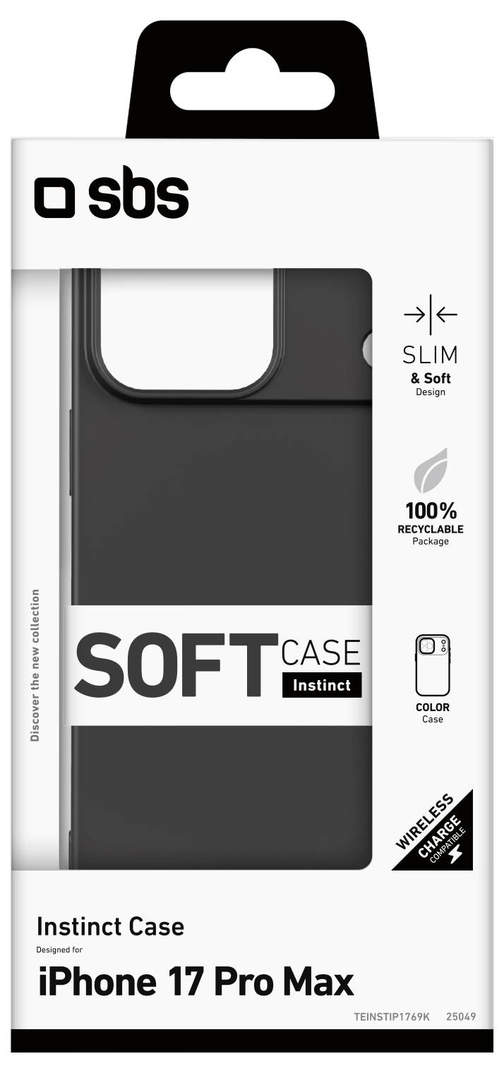 Schwarze Softcase für iPhone 17 Pro Max von SBS, entwickelt für Schutz und Kompatibilität mit drahtlosem Laden; 100% recycelbare Verpackung.