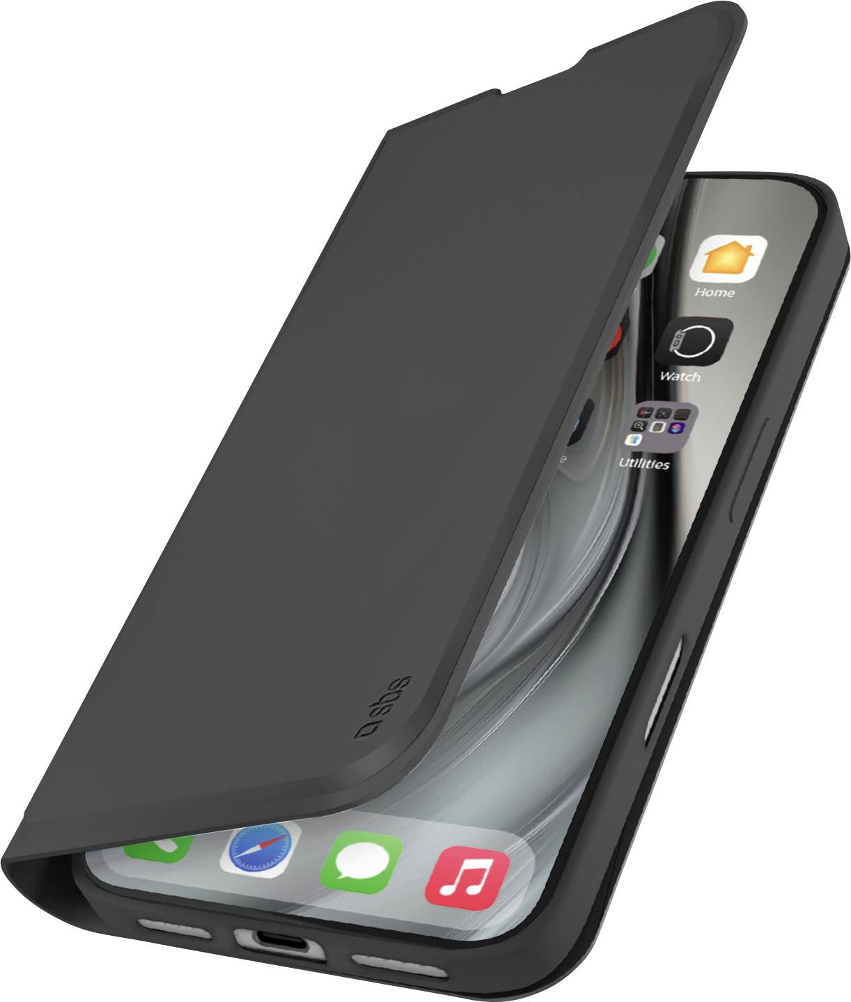 Ein Smartphone in einem schwarzen Klappetui ist teilweise geöffnet und zeigt den Bildschirm mit App-Symbolen. Das Etui bedeckt die obere Hälfte des Geräts.