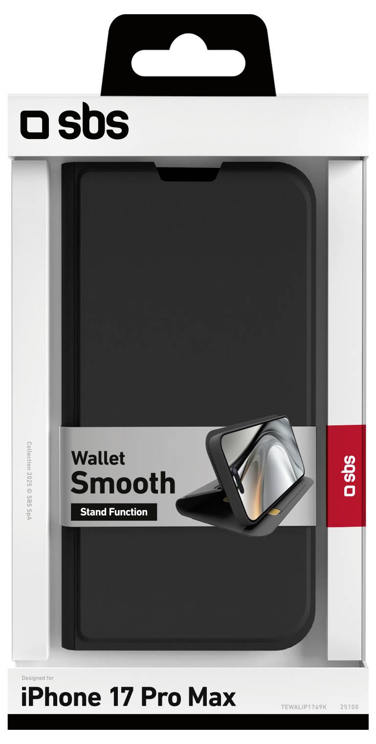 Eine schwarze Smartphone-Brieftasche mit Ständerfunktion für das iPhone 17 Pro Max wird in ihrer Verpackung präsentiert. Der Text auf der Verpackung lautet 
